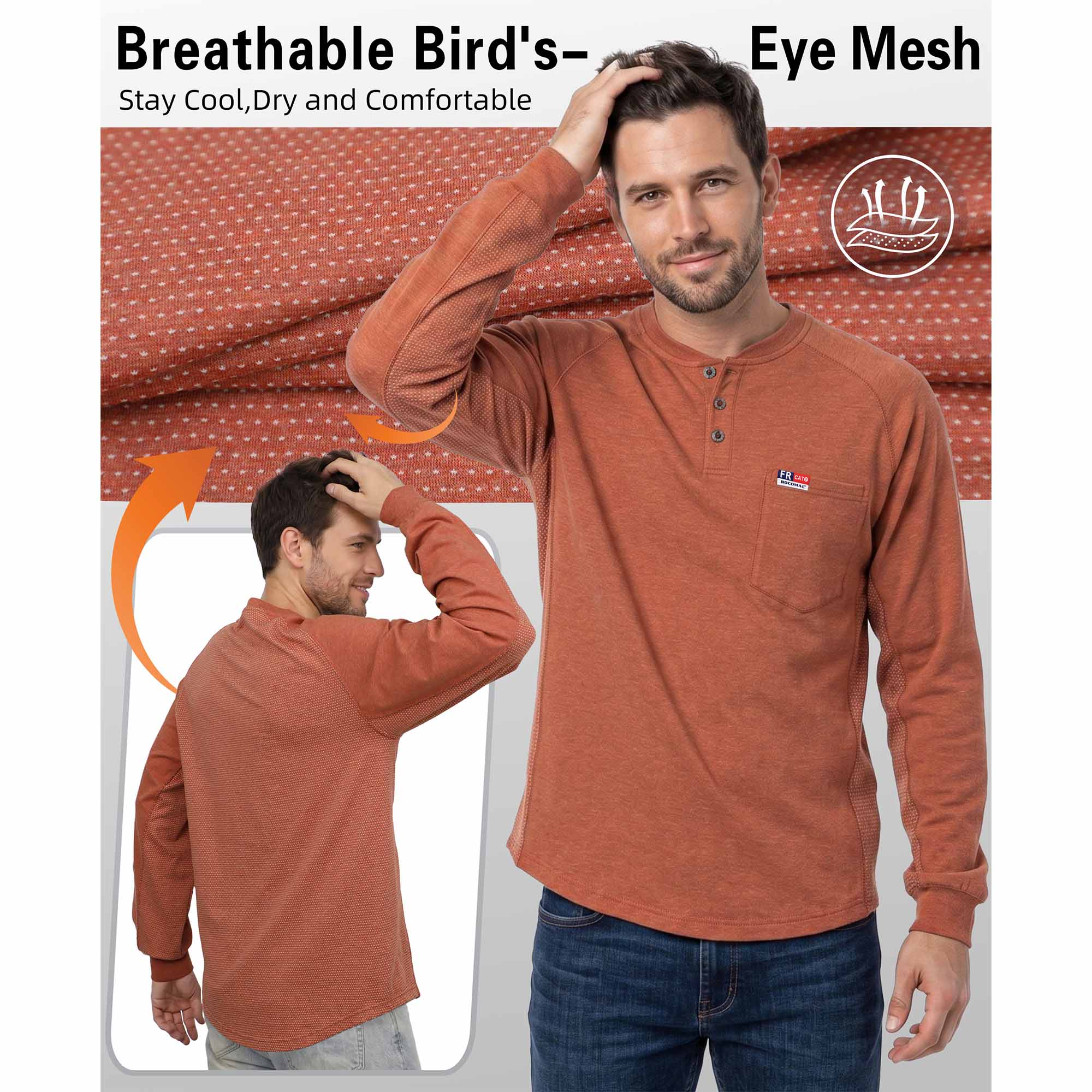 6OZ Henley Bird's-Eye Breathable Vented Mesh FR Tee-B535