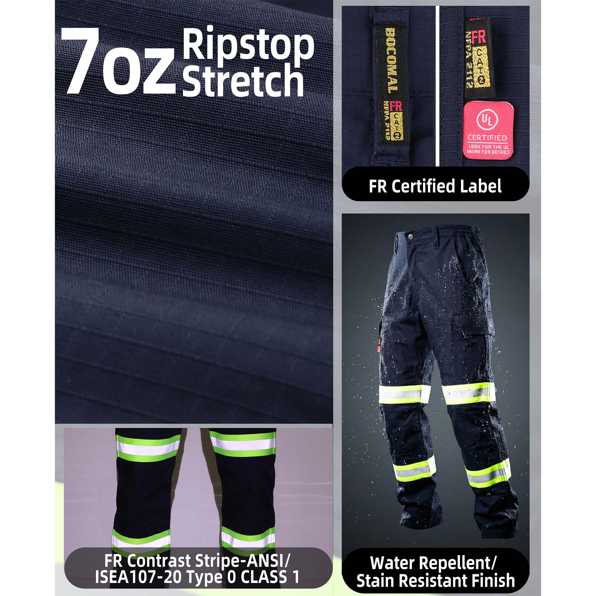 7OZ Hi Vis Rip-Stop FR Reflective Cargo Work Pants-A828HV