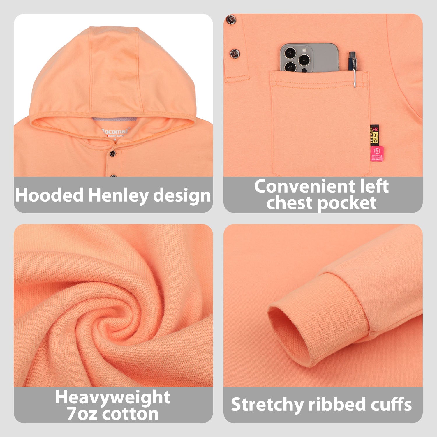 7OZ Cotton Flame-Resistant Hooded Henley T-Shirt - B103