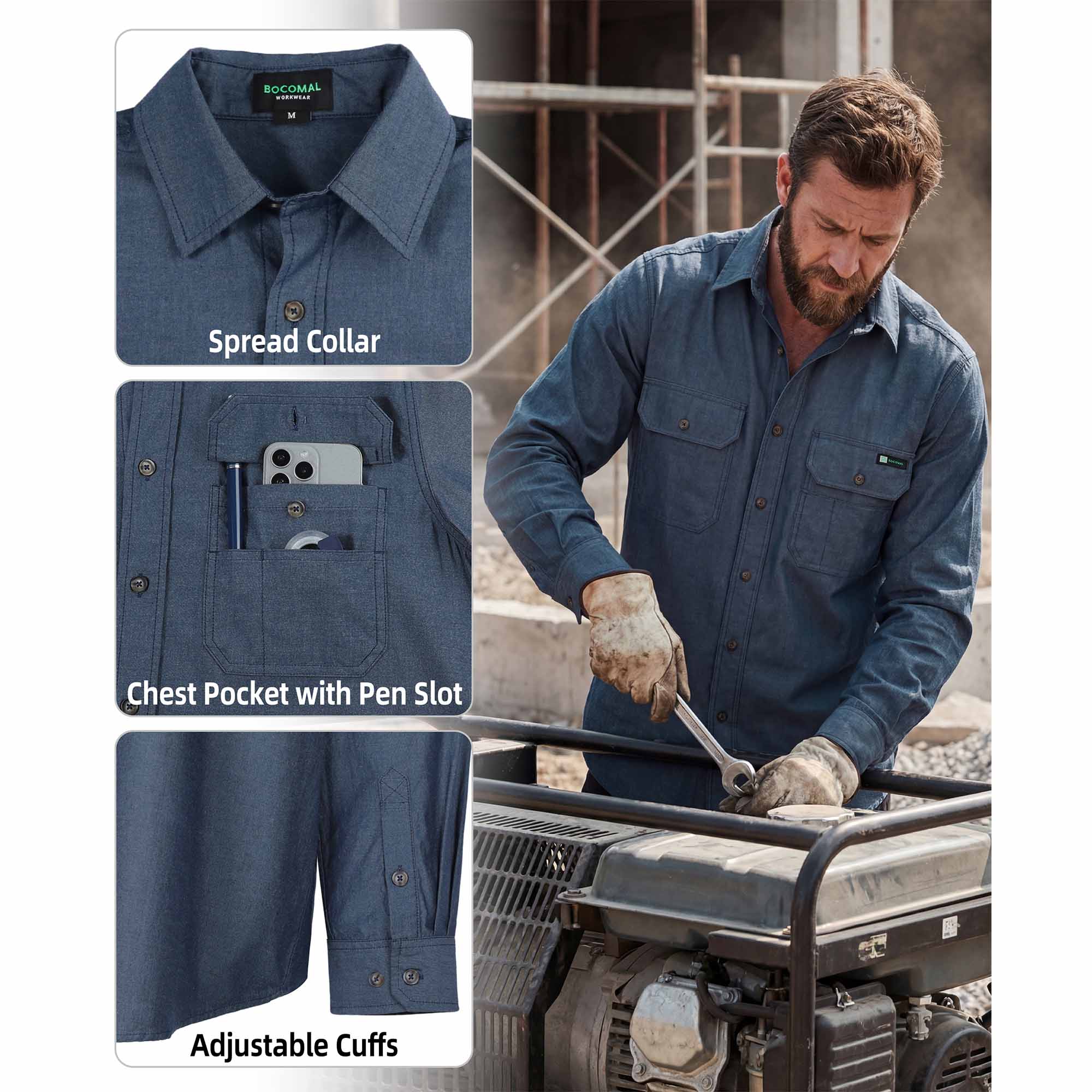 Men's Lightweight 100% Cotton Chambray Button Down Work Shirts -SH041J