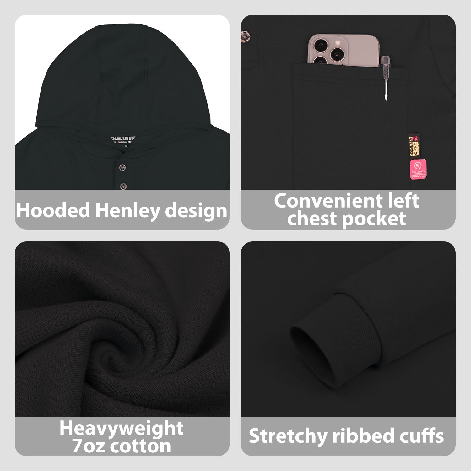 7OZ Cotton Flame-Resistant Hooded Henley T-Shirt - B103