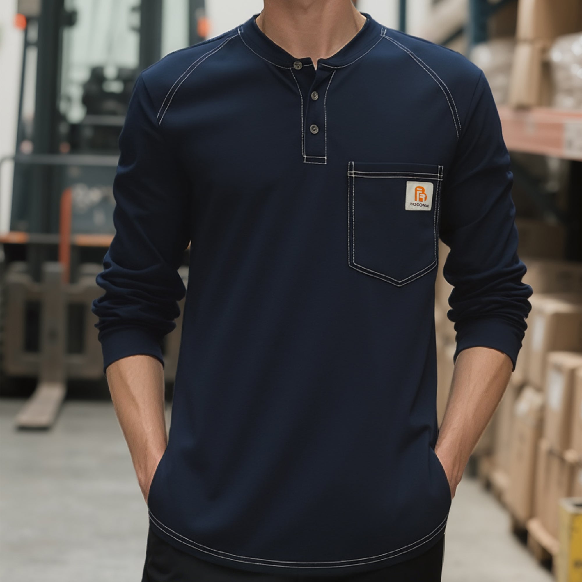 5.5oz Cotton Long Sleeve Henley Shirt Flame Resistant -9108