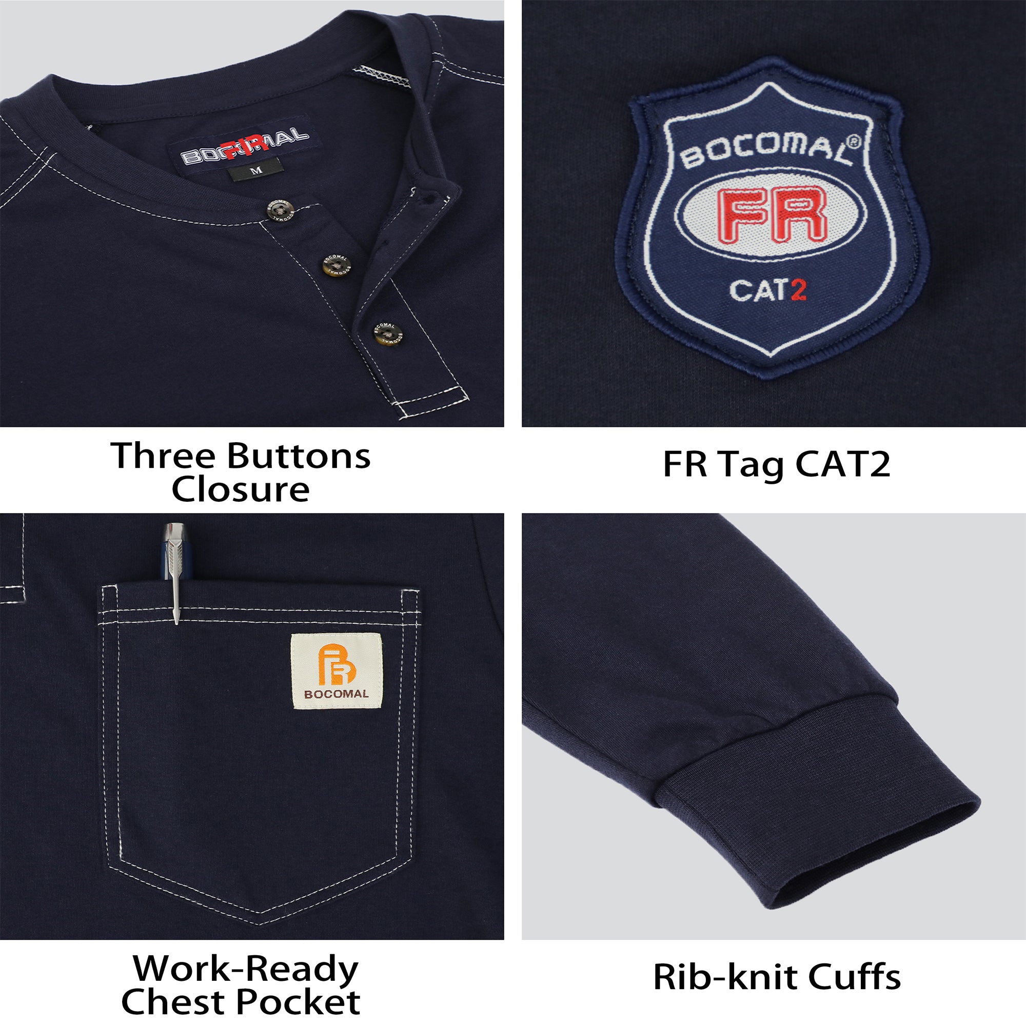 5.5oz Cotton Long Sleeve Henley Shirt Flame Resistant -9108