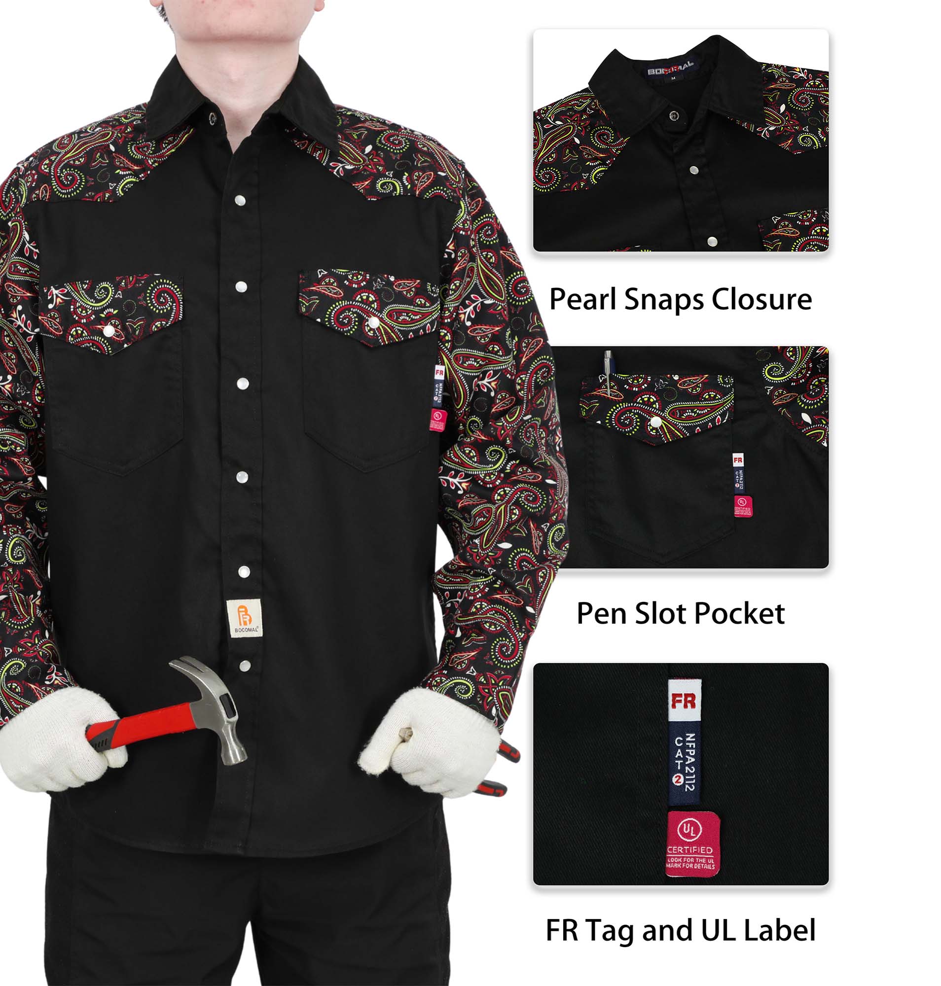 6.5OZ Pearl Snaps Two Tone Plaid/Solid Flame Resistant Cotton Welding Shirt-0907P