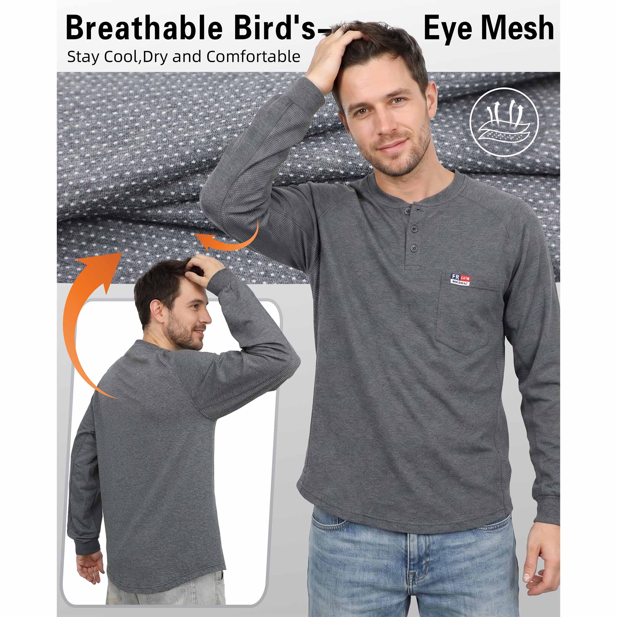 6OZ Henley Bird's-Eye Breathable Vented Mesh FR Tee-B535