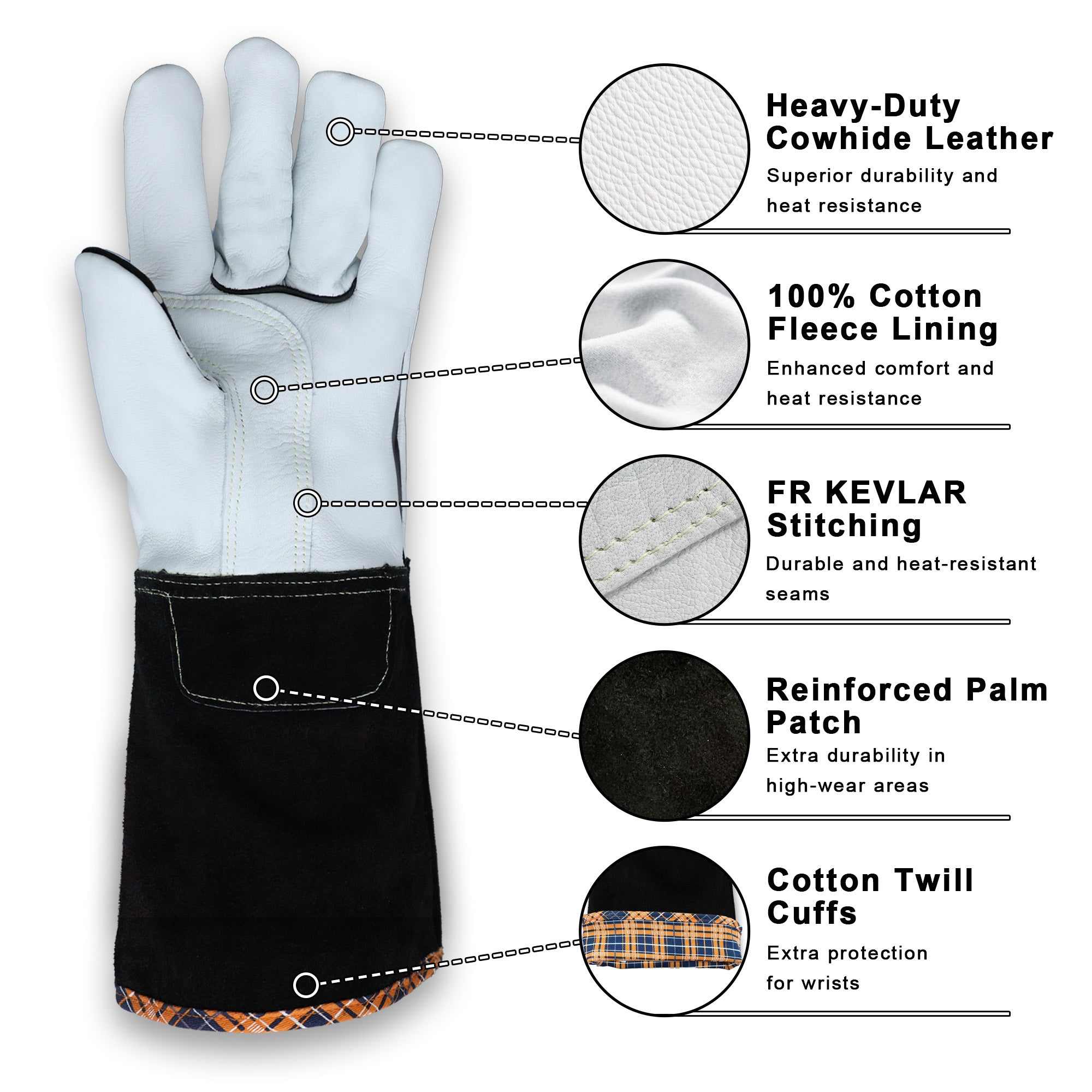 Classic Welding Gloves,Grain Leather Multi Tasks,14" Lined Leather Mig/Stick Gloves, Kevlar Stitching-0101/0201
