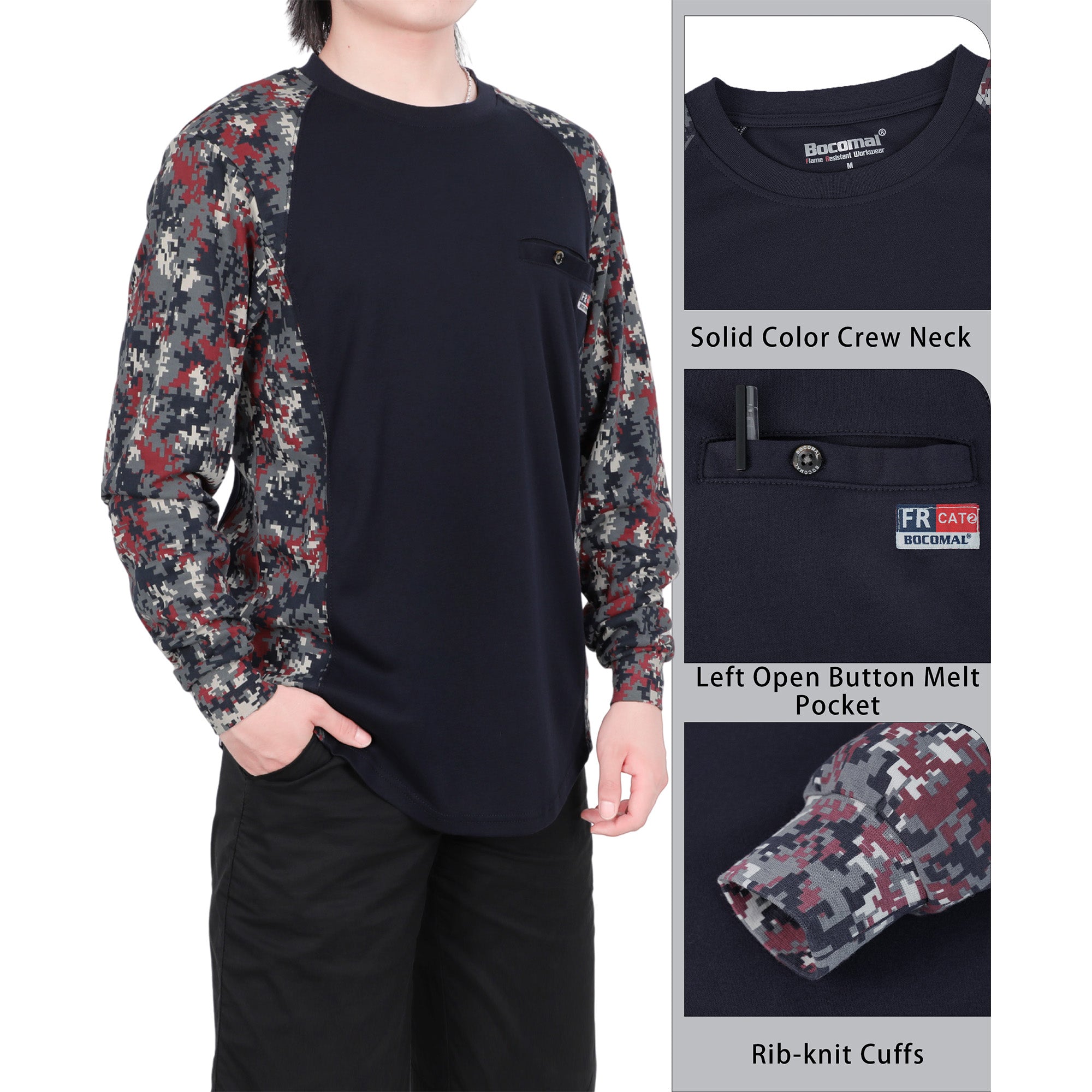 5.5oz Lightweight Crewneck Camo Two-Tone Melt Pocket FR Long Sleeve Welding T-Shirt-4408C