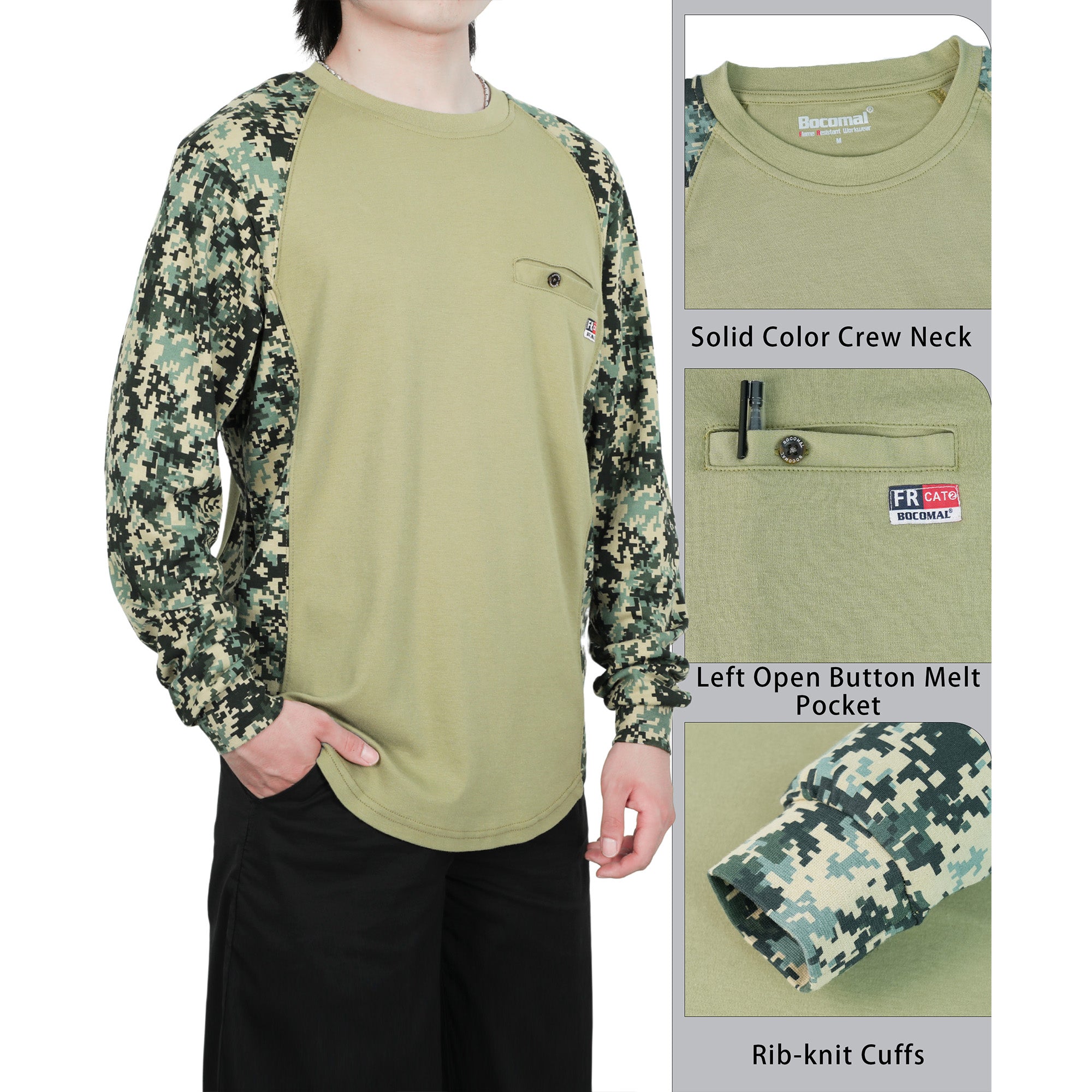 5.5oz Lightweight Crewneck Camo Two-Tone Melt Pocket FR Long Sleeve Welding T-Shirt-4408C