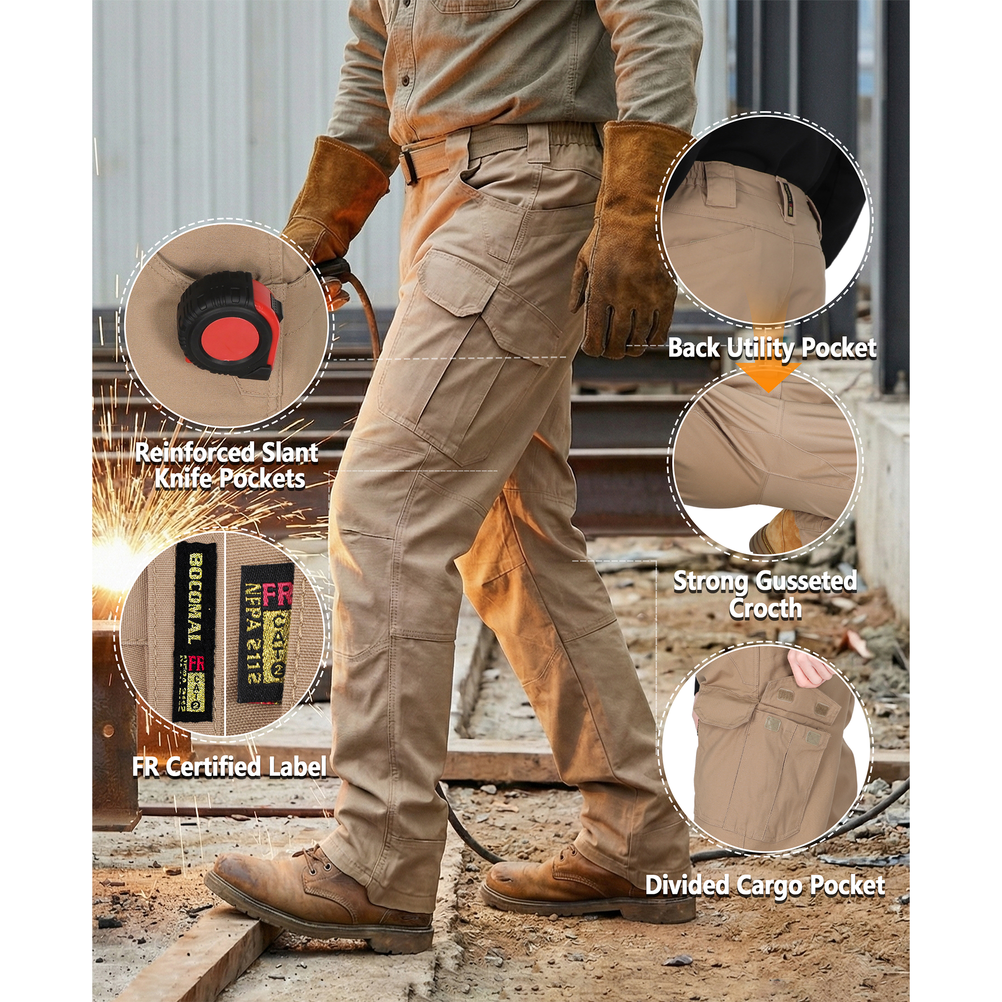8.5OZ Cargo Pockets Dura-Stretch Rip-Stop Soft Canvas FR Reinforced Work Pants-8432
