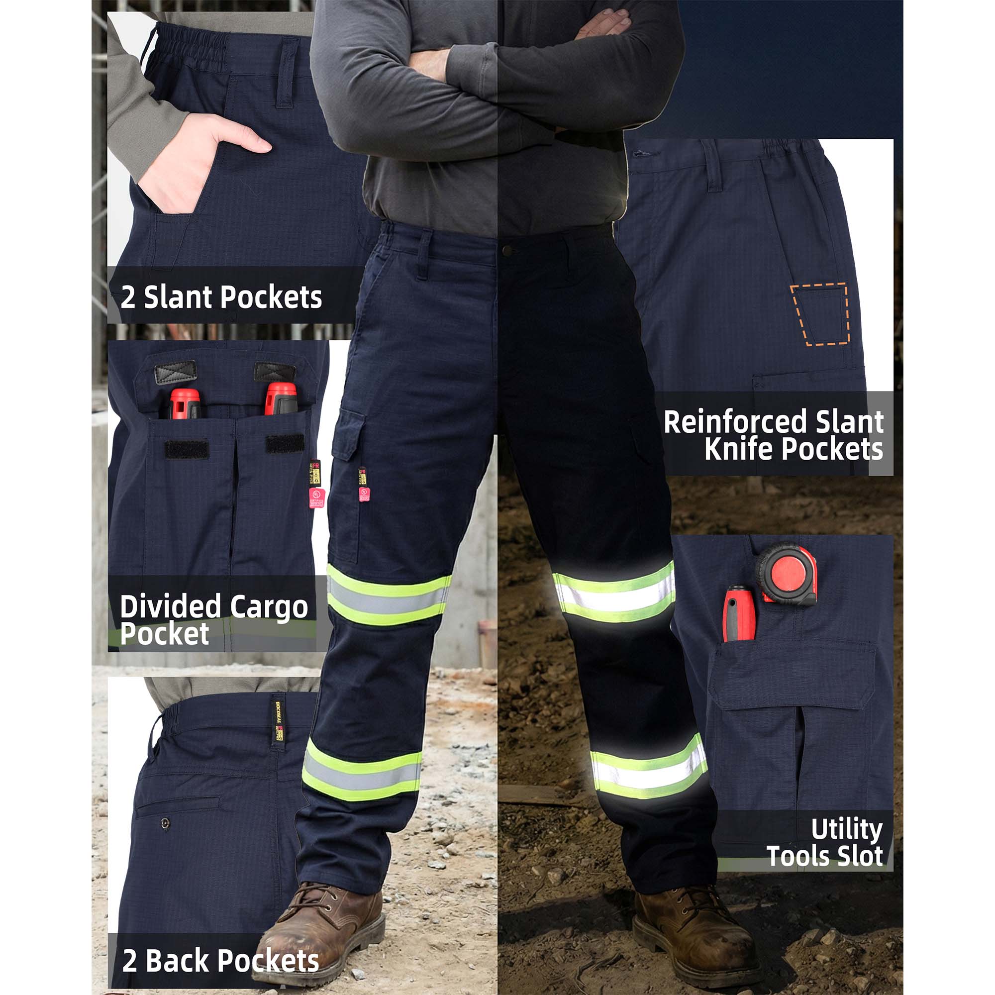 7OZ Hi Vis Rip-Stop FR Reflective Cargo Work Pants-A828HV
