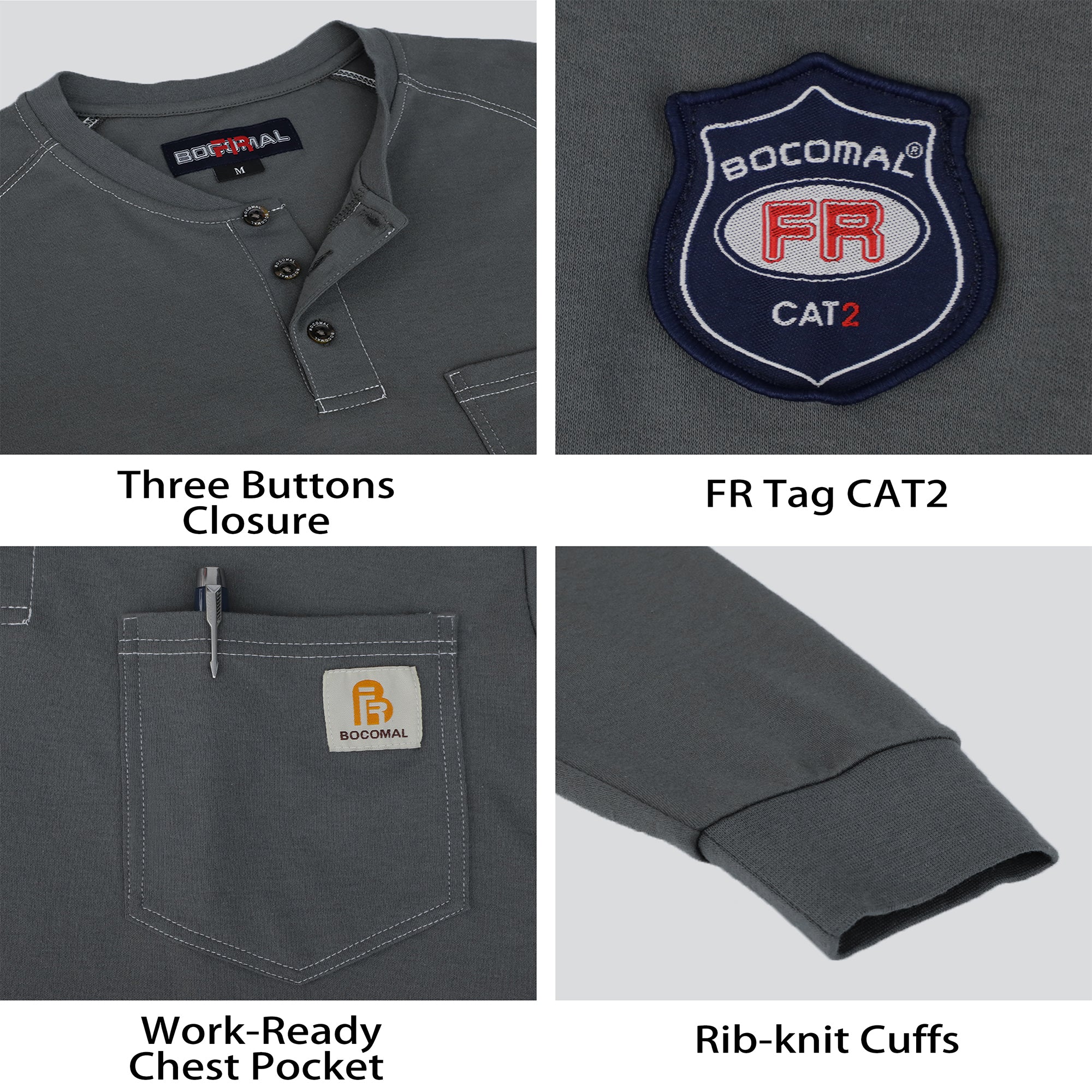 5.5oz Cotton Long Sleeve Henley Shirt Flame Resistant -9108