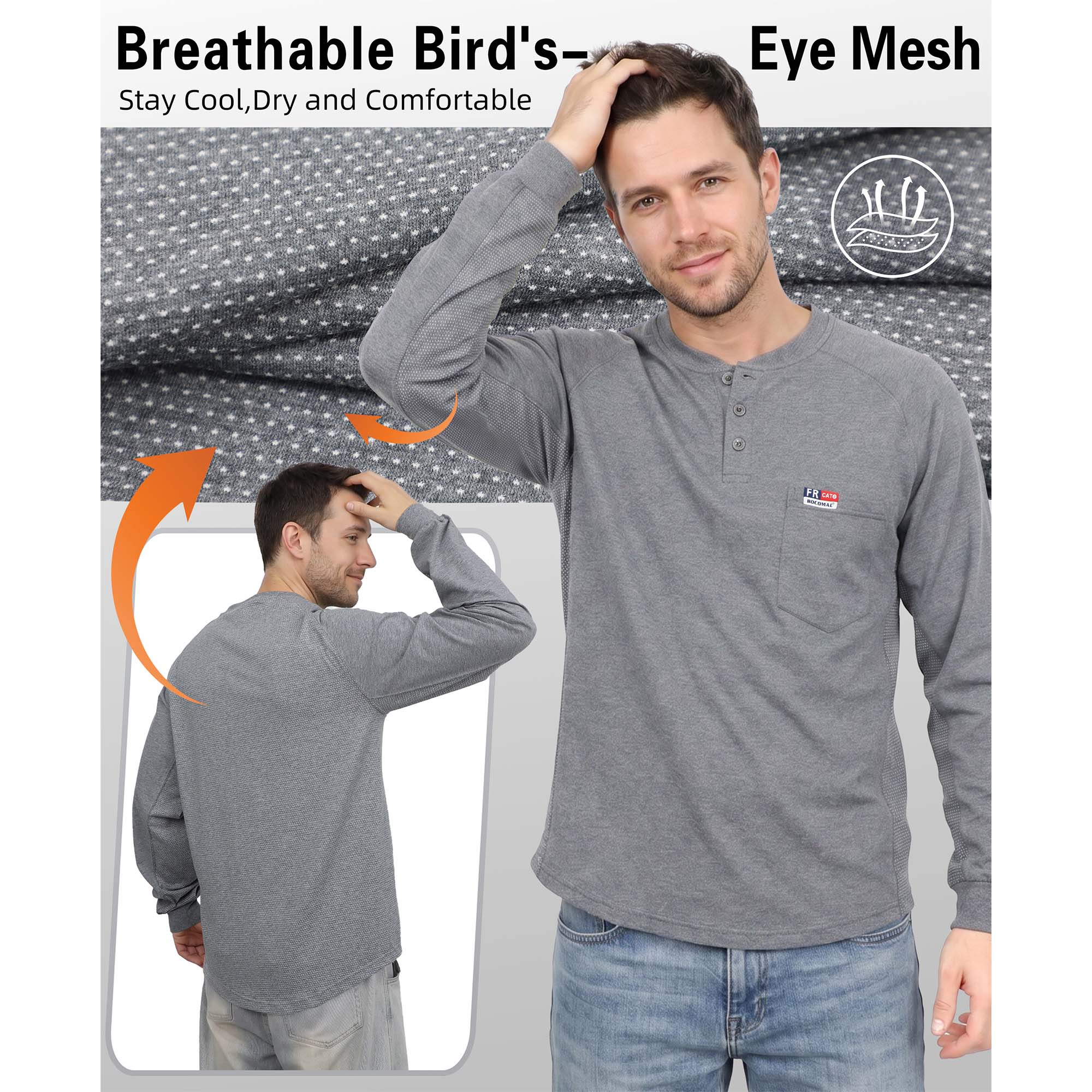 6OZ Henley Bird's-Eye Breathable Vented Mesh FR Tee-B535