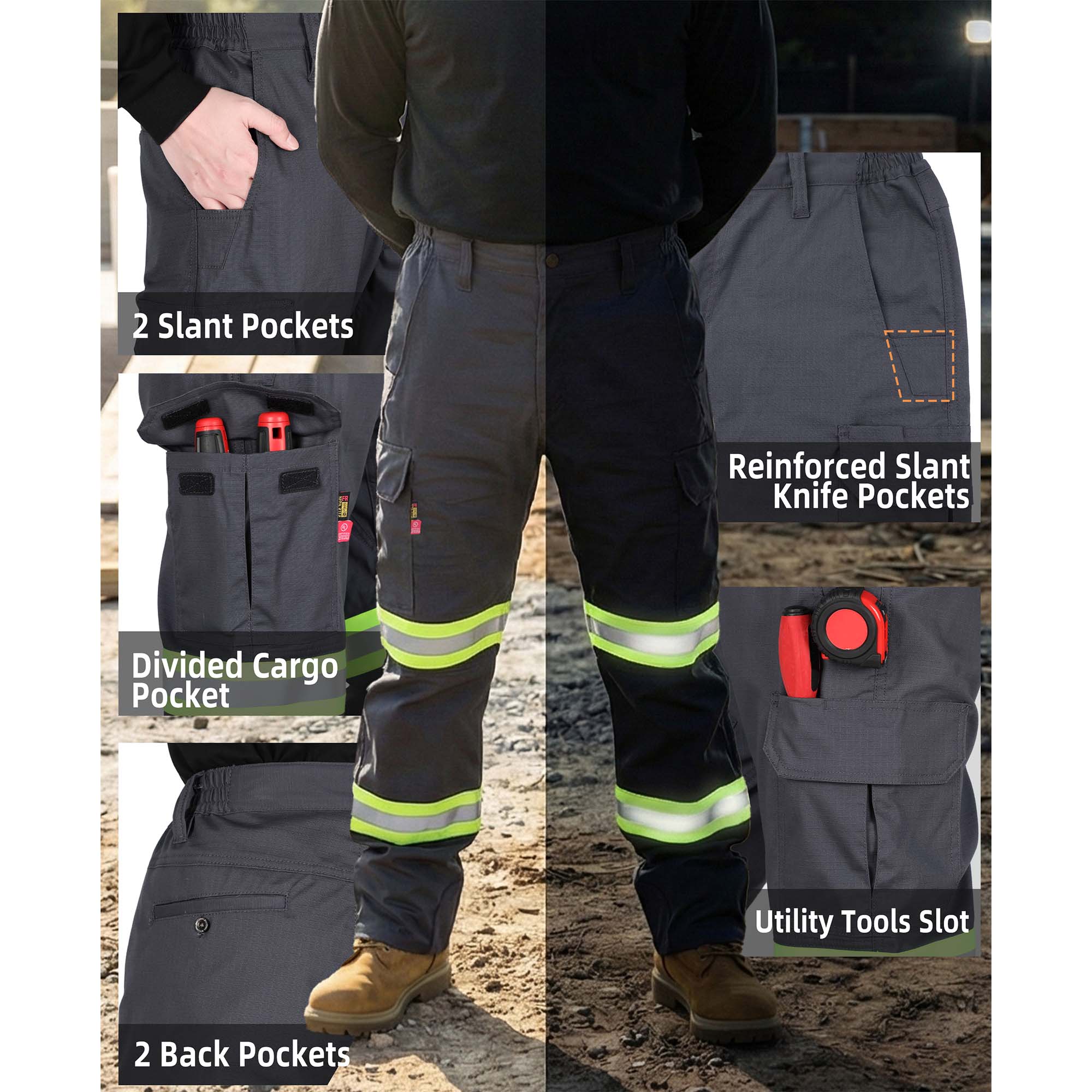 7OZ Hi Vis Rip-Stop FR Reflective Cargo Work Pants-A828HV