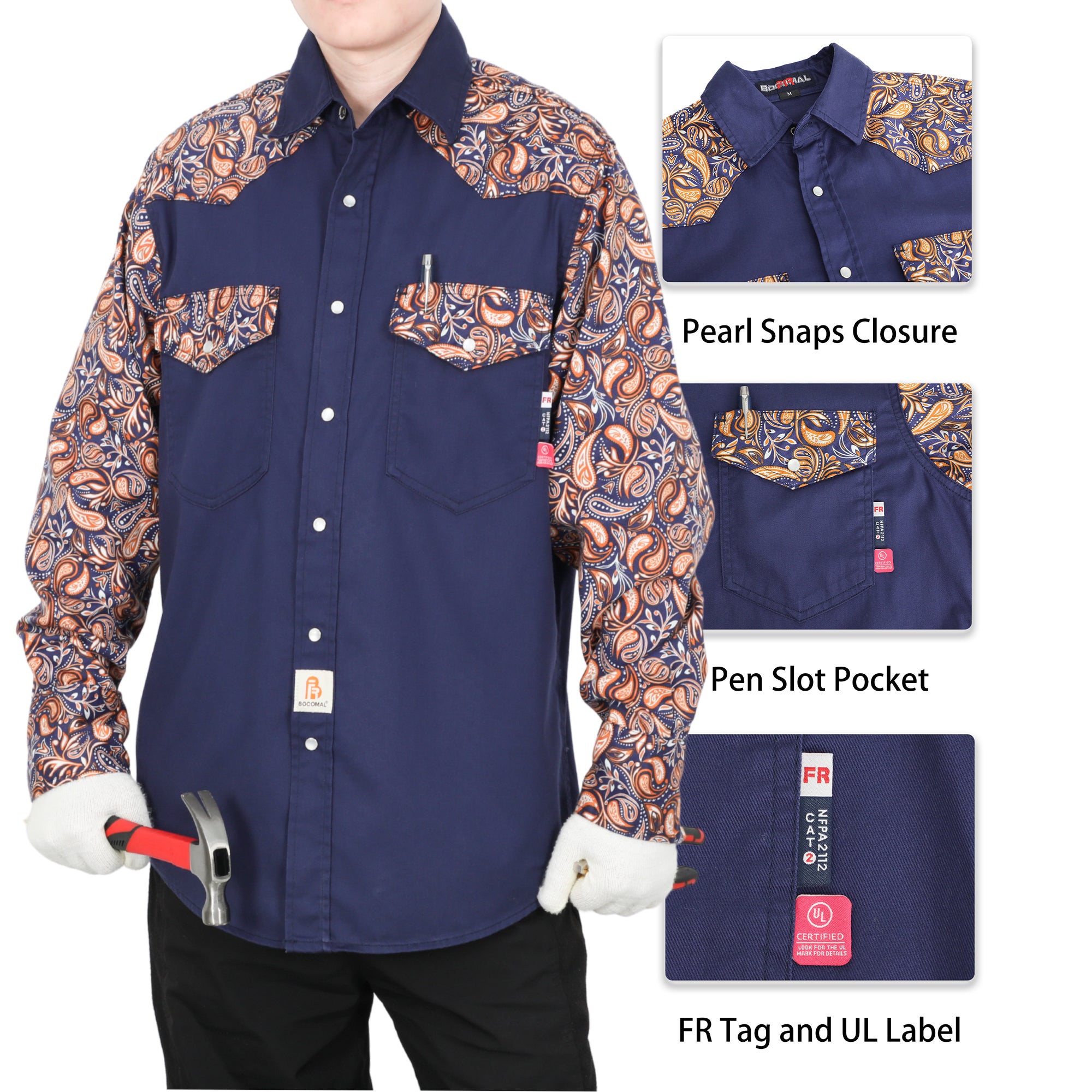 6.5OZ Pearl Snaps Two Tone Plaid/Solid Flame Resistant Cotton Welding Shirt-0907P