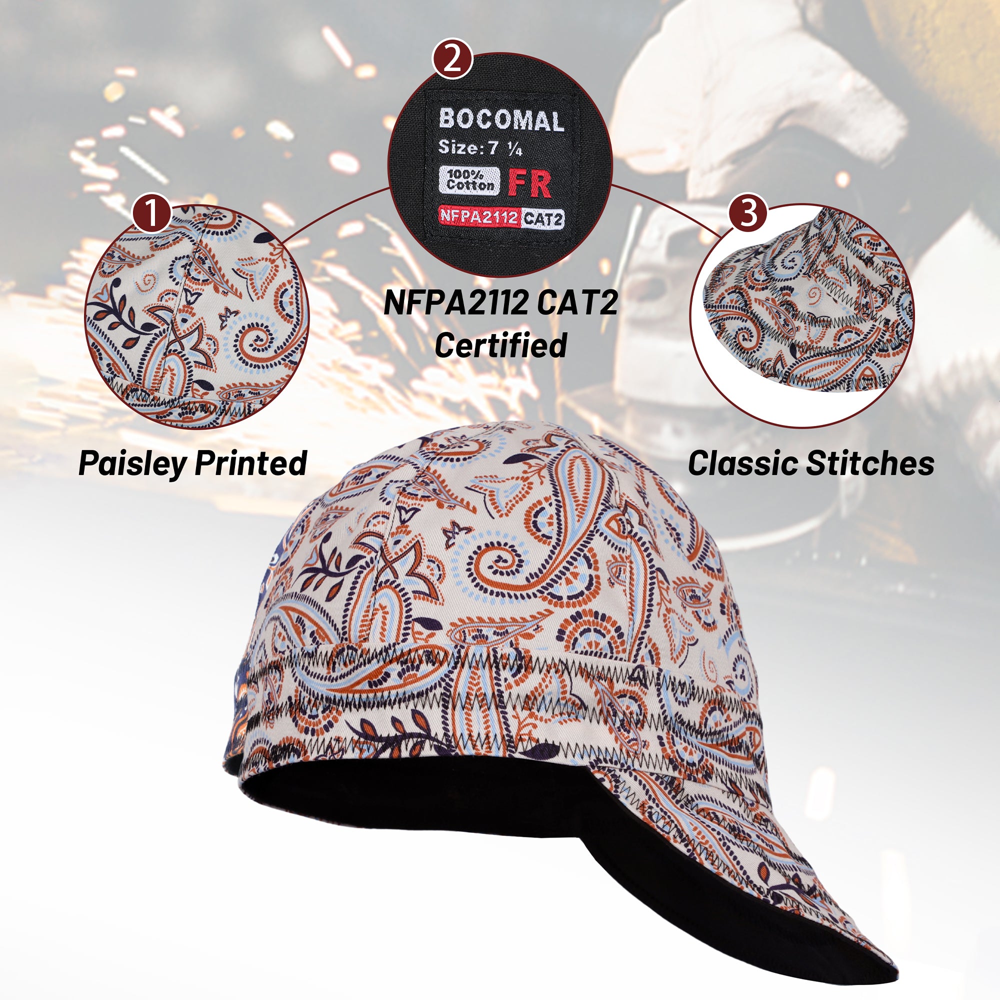 6.5OZ Mid-weight Cotton Twill Flame Resistant Paisley Printed Welding Cap - 4816S