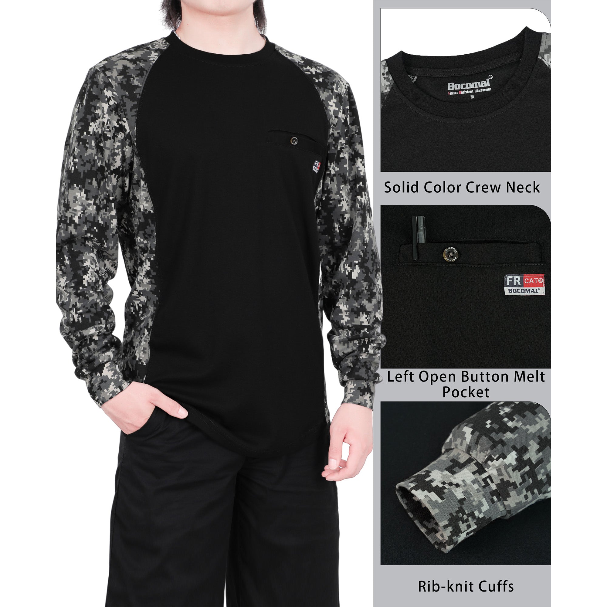 5.5oz Lightweight Crewneck Camo Two-Tone Melt Pocket FR Long Sleeve Welding T-Shirt-4408C