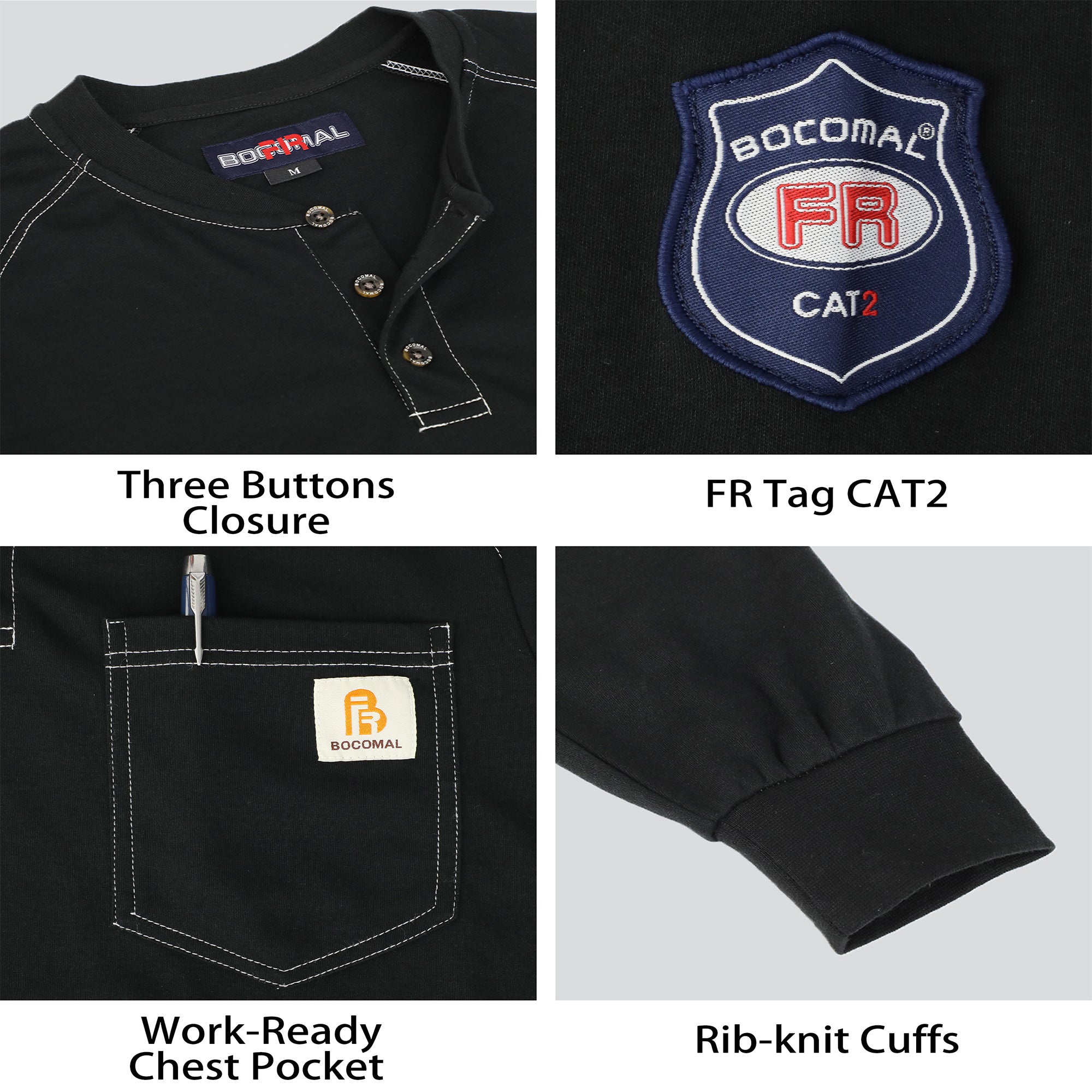 5.5oz Cotton Long Sleeve Henley Shirt Flame Resistant -9108