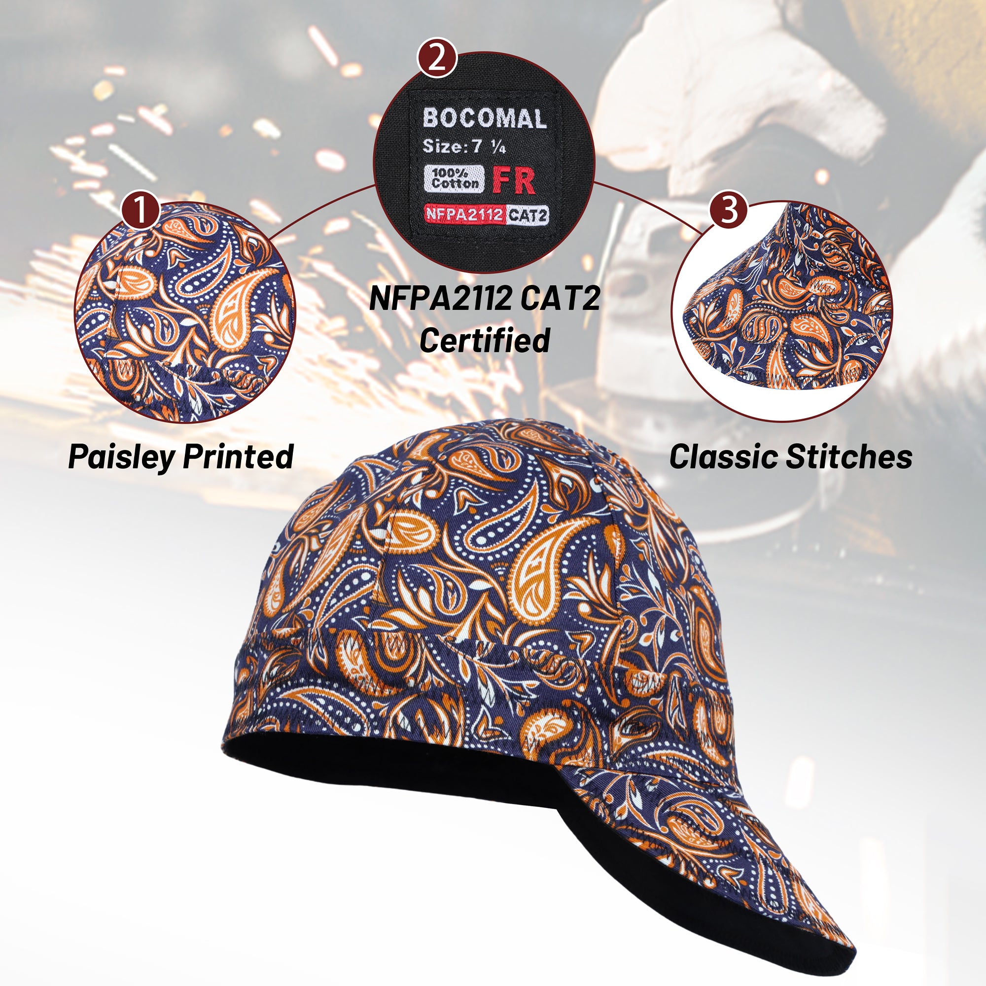 6.5OZ Mid-weight Cotton Twill Flame Resistant Paisley Printed Welding Cap - 4816S