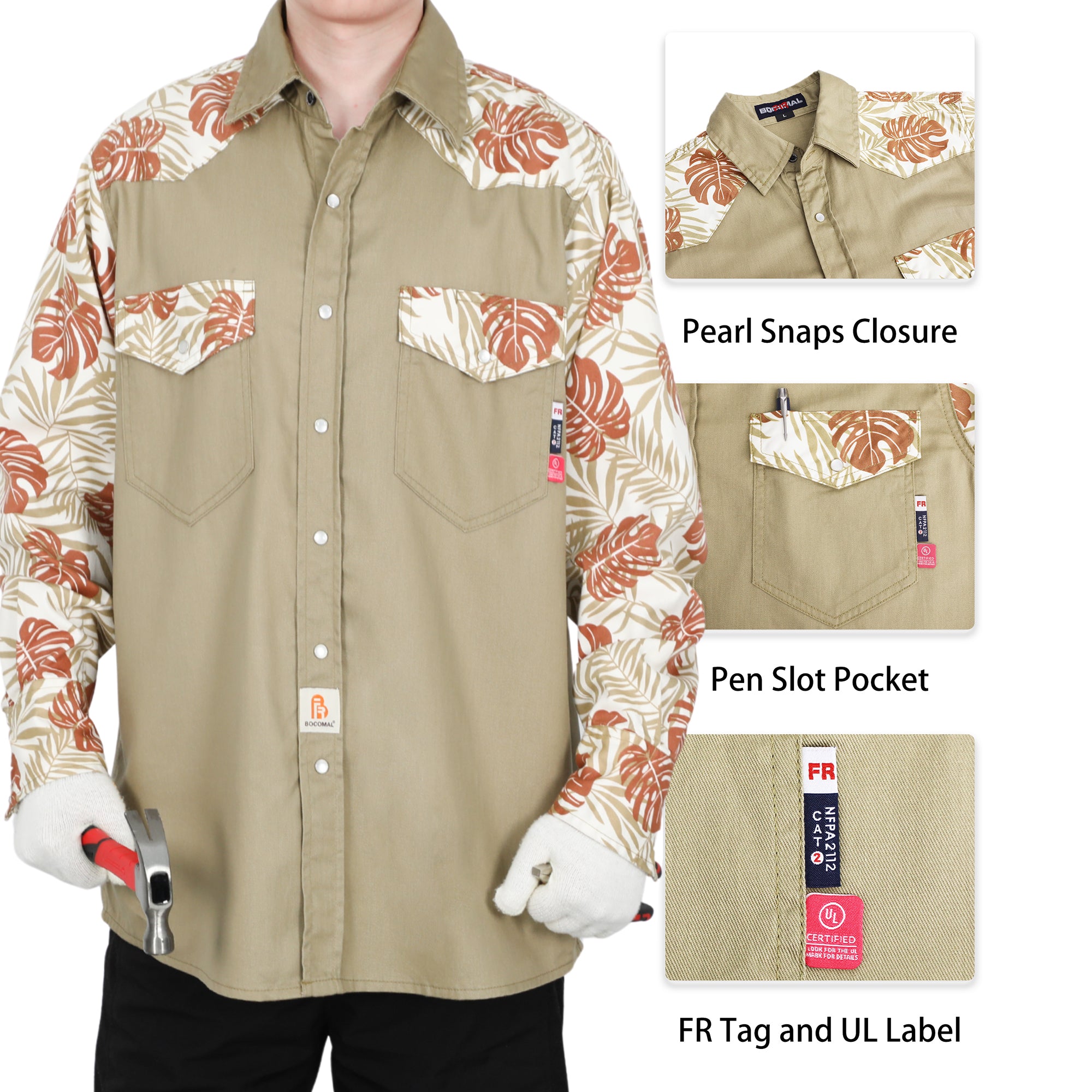 6.5OZ Pearl Snaps Two Tone Plaid/Solid Flame Resistant Cotton Welding Shirt-0907P