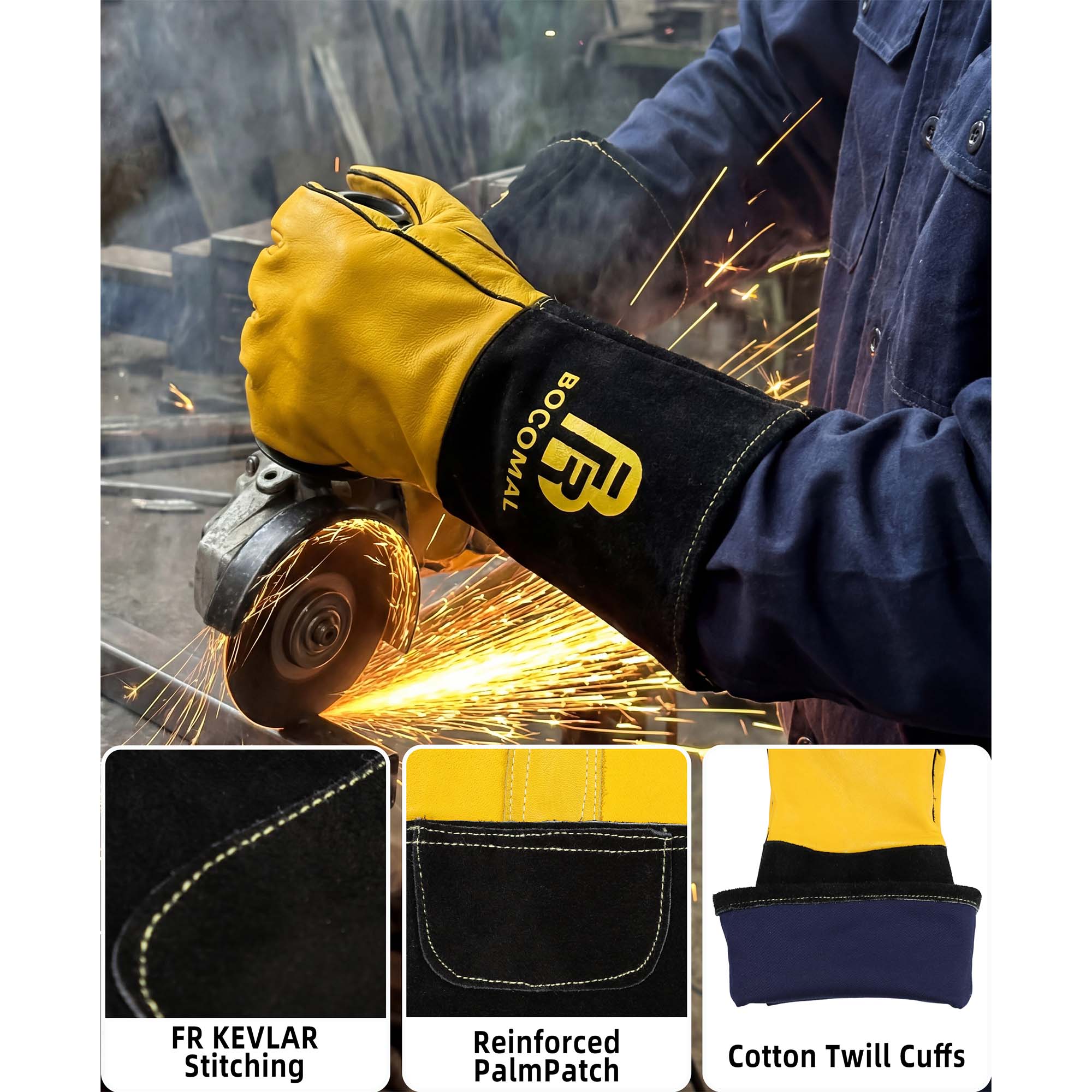 Classic Welding Gloves,Grain Leather Multi Tasks,14" Lined Leather Mig/Stick Gloves, Kevlar Stitching-0101/0201