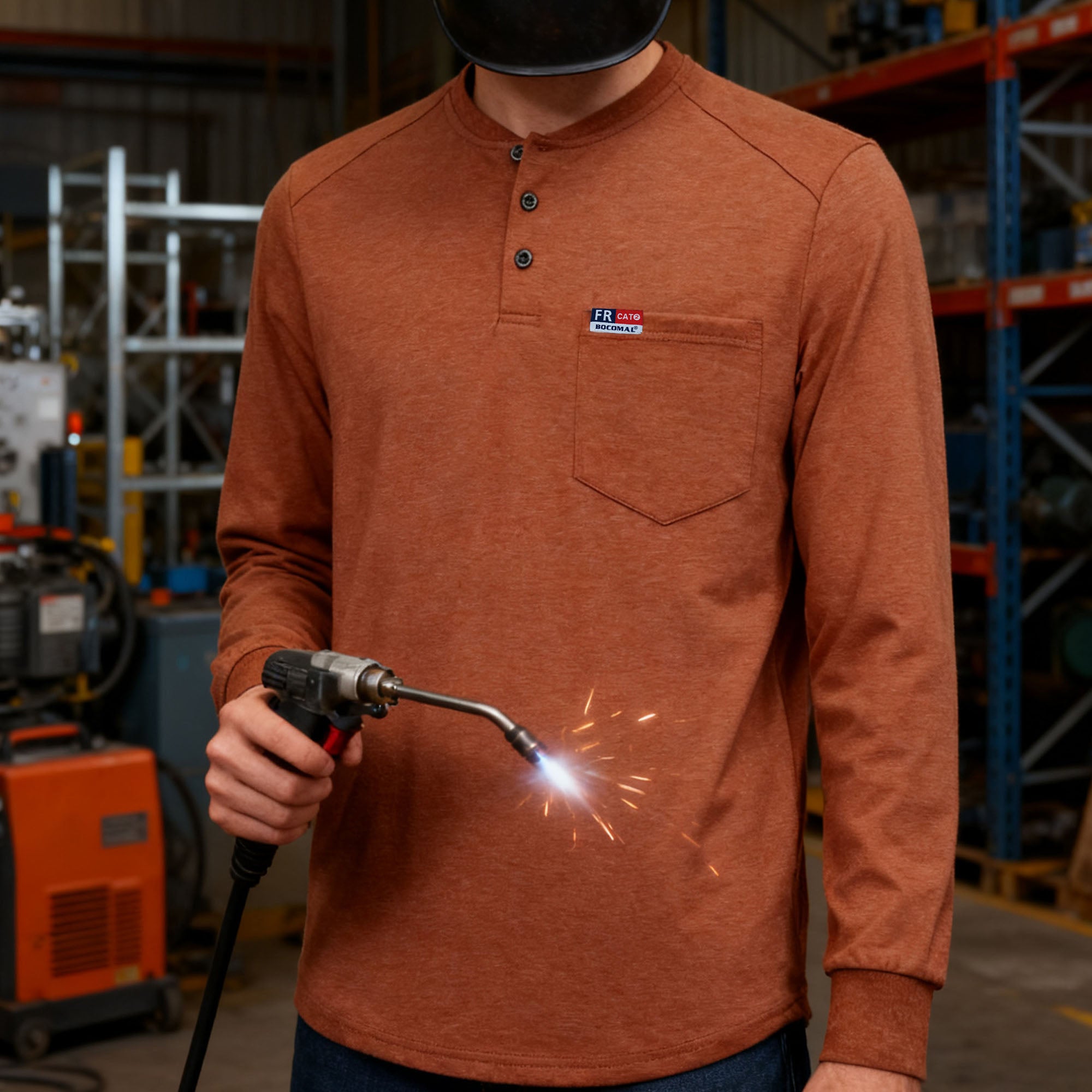 6OZ Henley Cotton Tencel Heather Blended Flame Resistant Work T-Shirt - A235