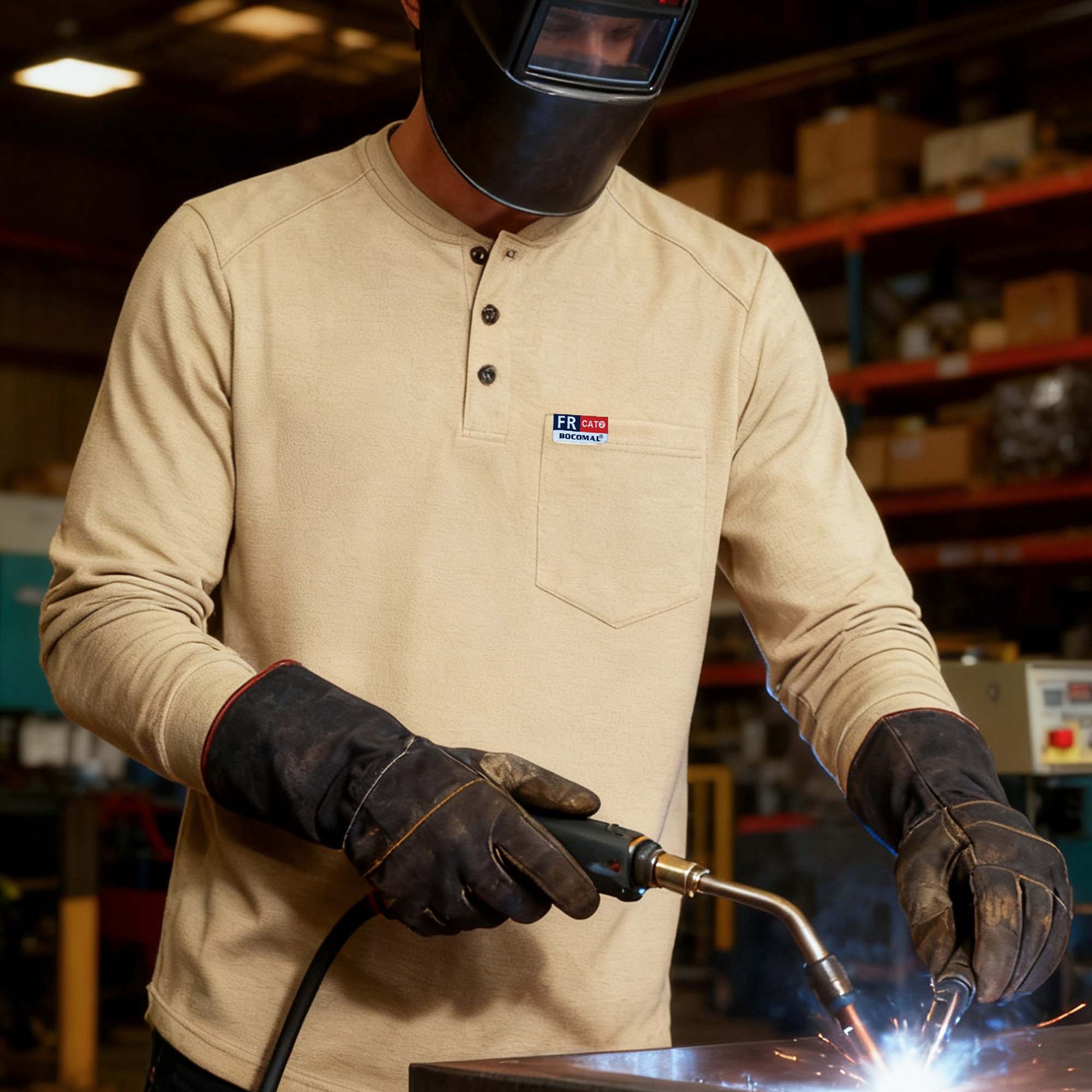 6OZ Henley Cotton Tencel Heather Blended Flame Resistant Work T-Shirt - A235