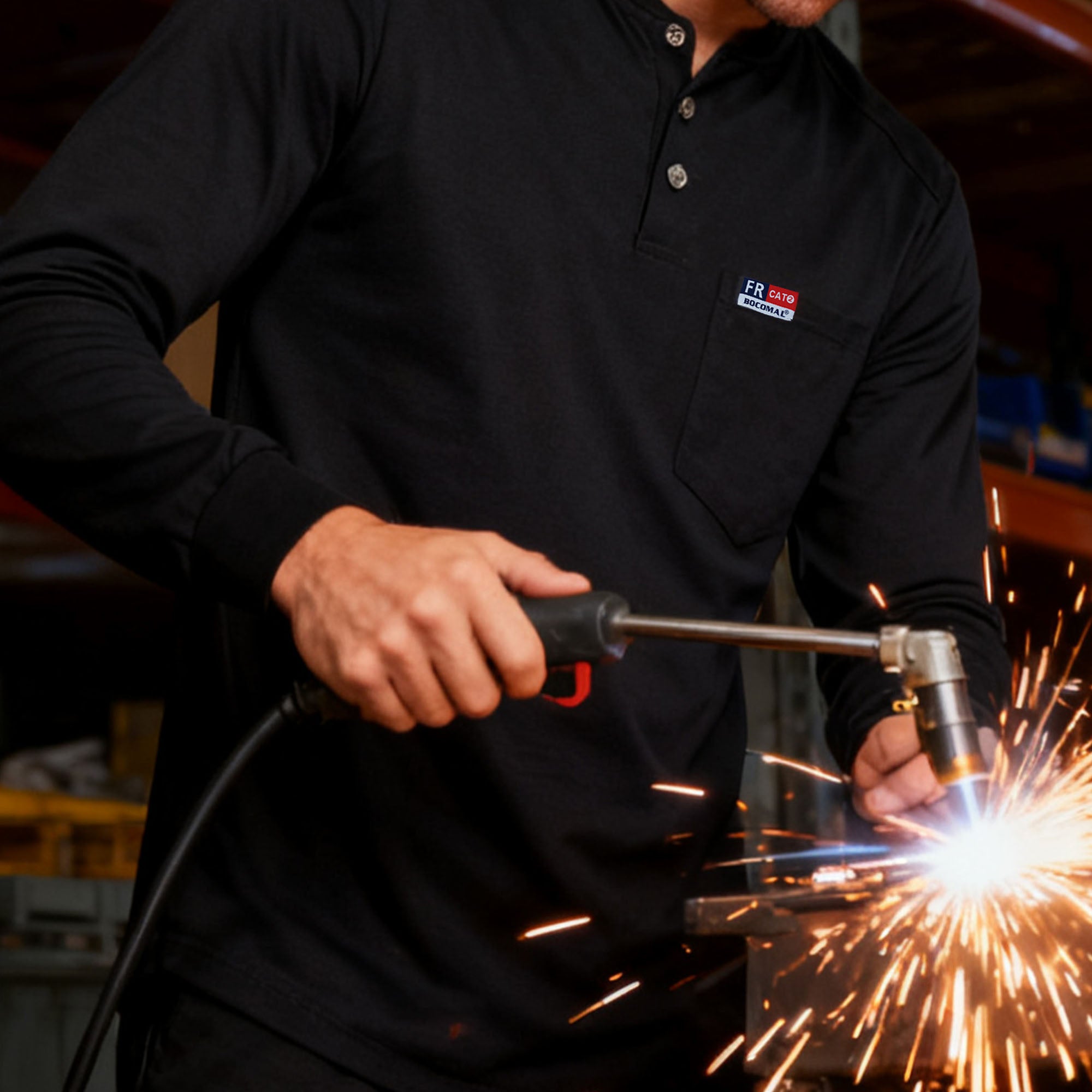 6OZ Henley Cotton Tencel Heather Blended Flame Resistant Work T-Shirt - A235