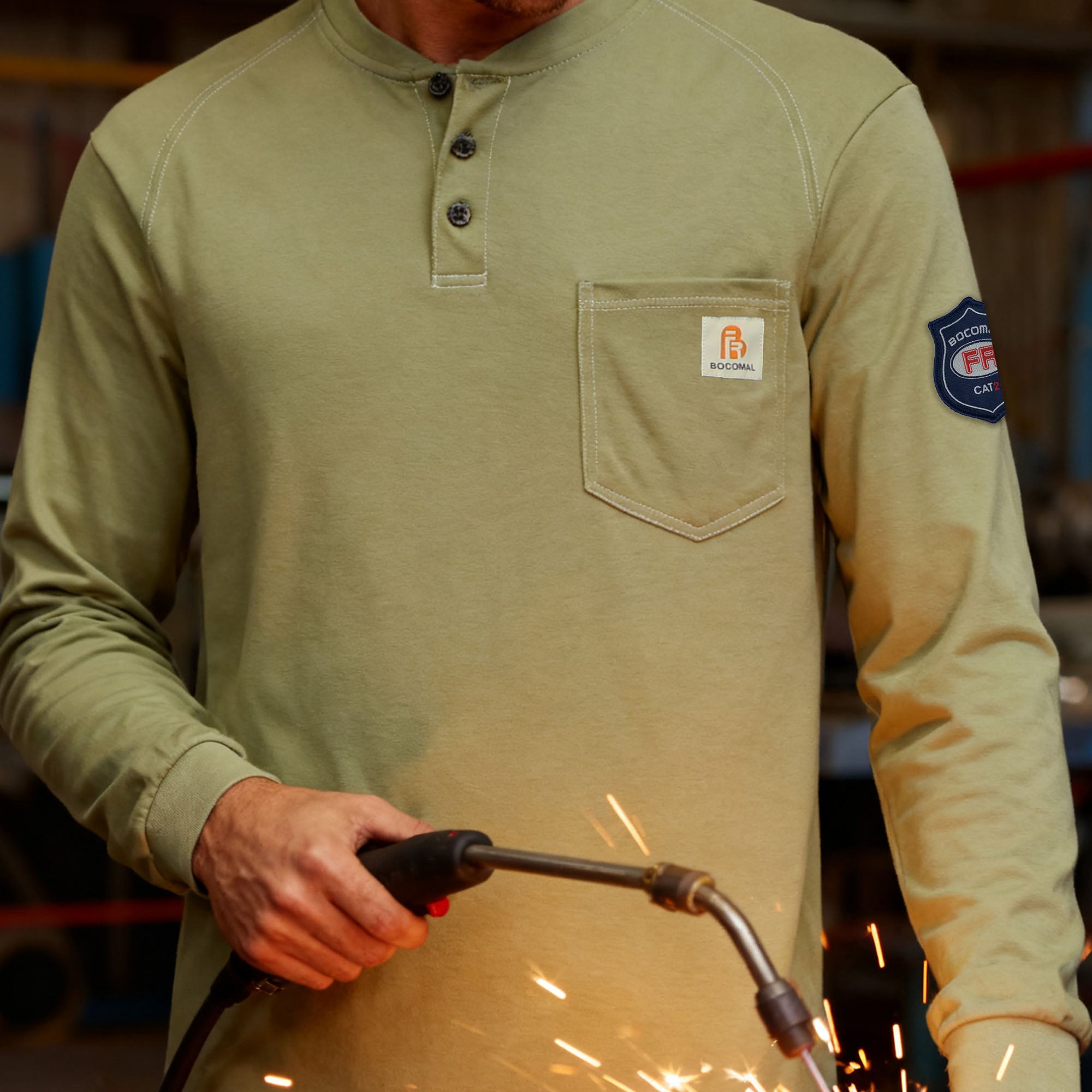 5.5oz Cotton Long Sleeve Henley Shirt Flame Resistant -9108