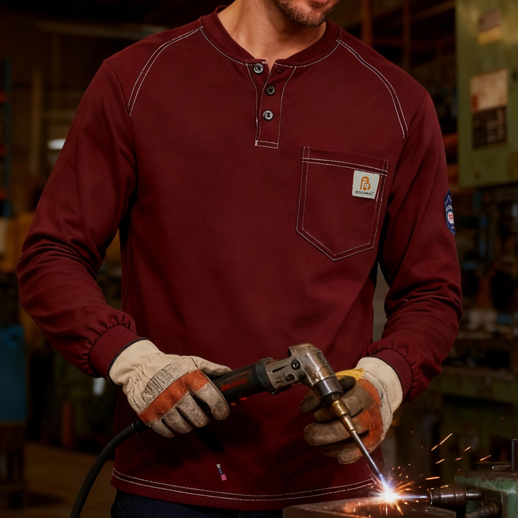 5.5oz Cotton Long Sleeve Henley Shirt Flame Resistant -9108