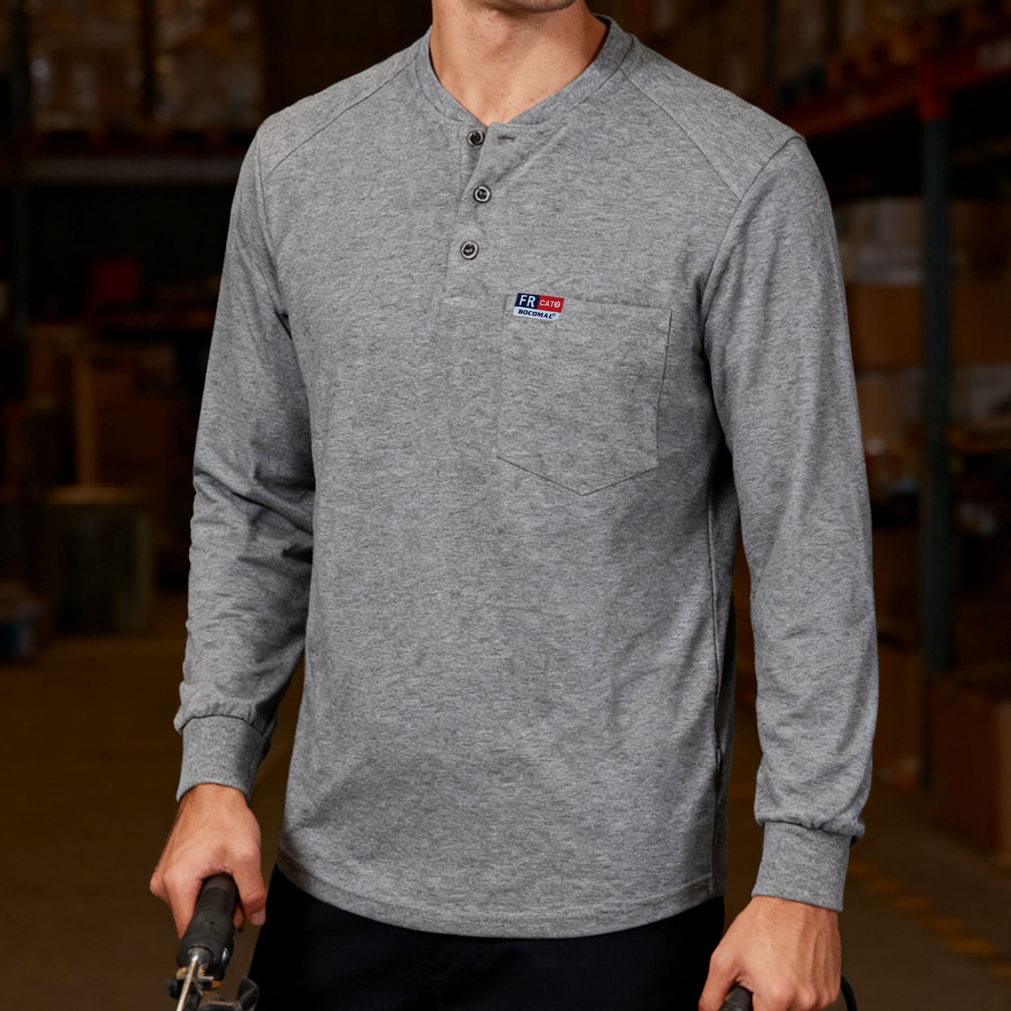 6OZ Henley Cotton Tencel Heather Blended Flame Resistant Work T-Shirt - A235