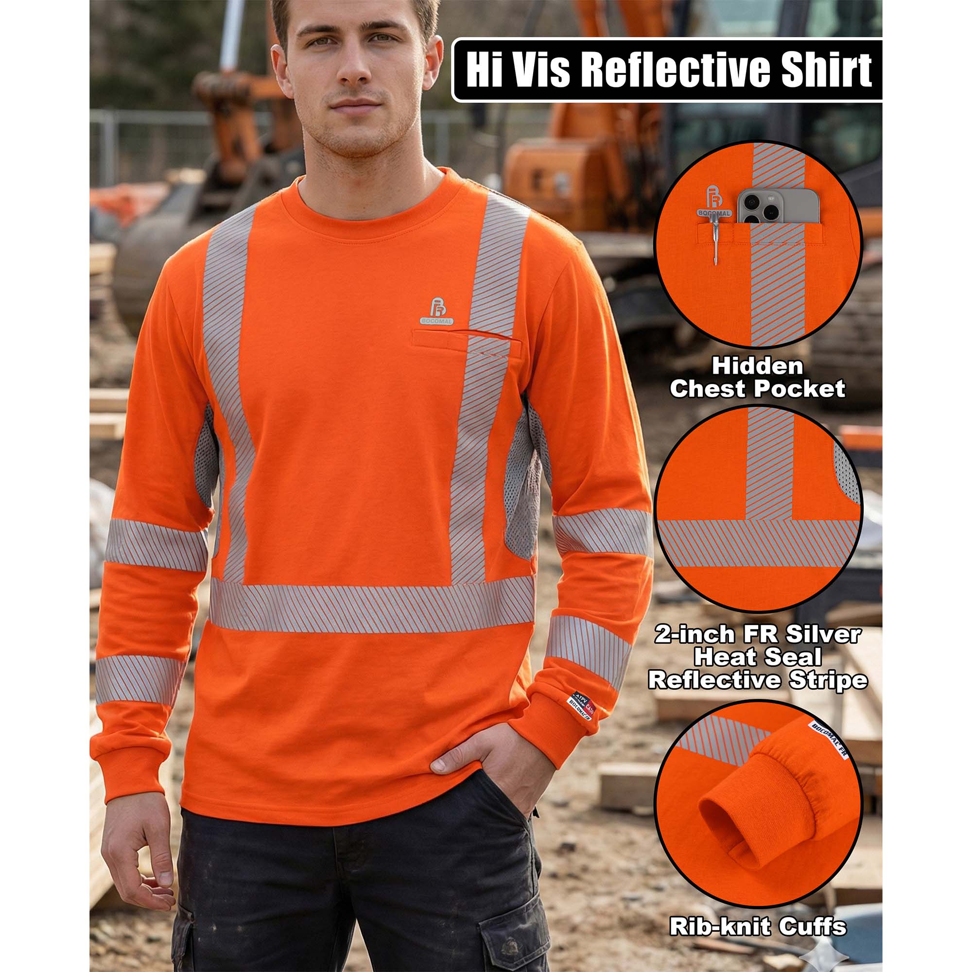 BOCOMAL FR Longe Sleeve Reflective Shirts,Hi Vis FR Shirts,CAT 2