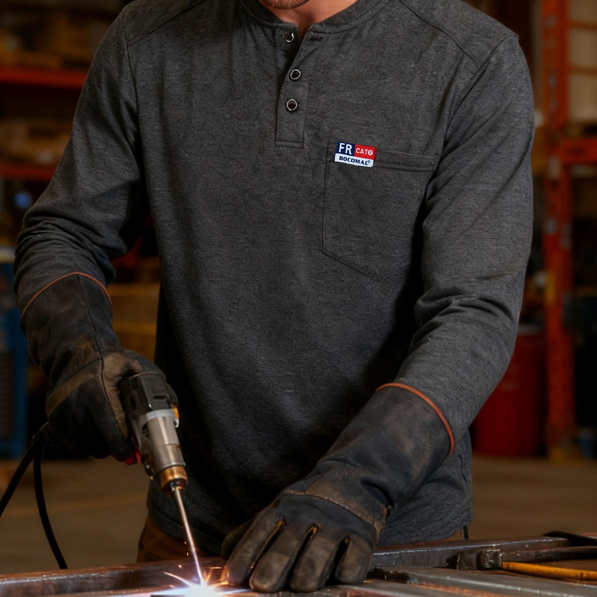 6OZ Henley Cotton Tencel Heather Blended Flame Resistant Work T-Shirt - A235