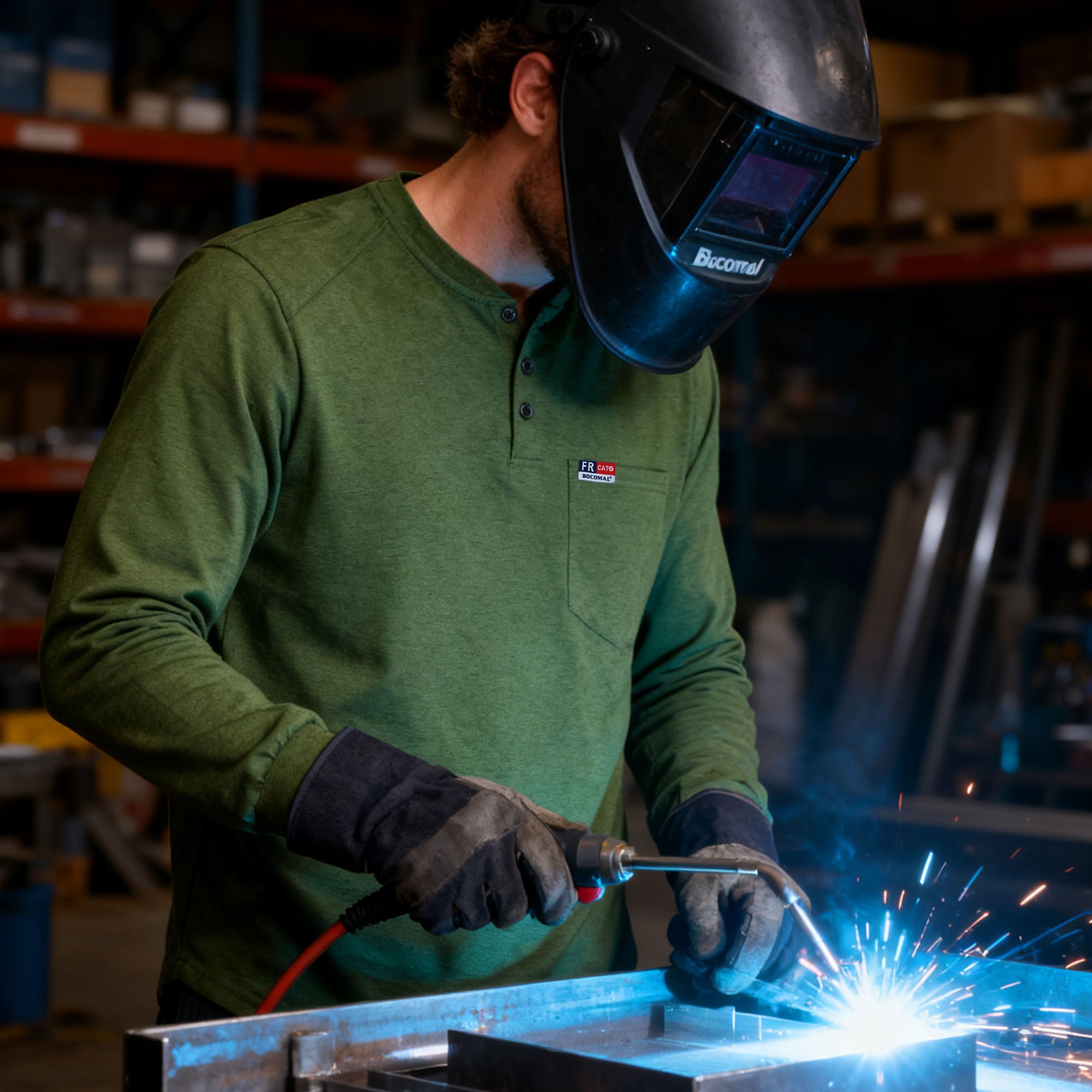 6OZ Henley Cotton Tencel Heather Blended Flame Resistant Work T-Shirt - A235