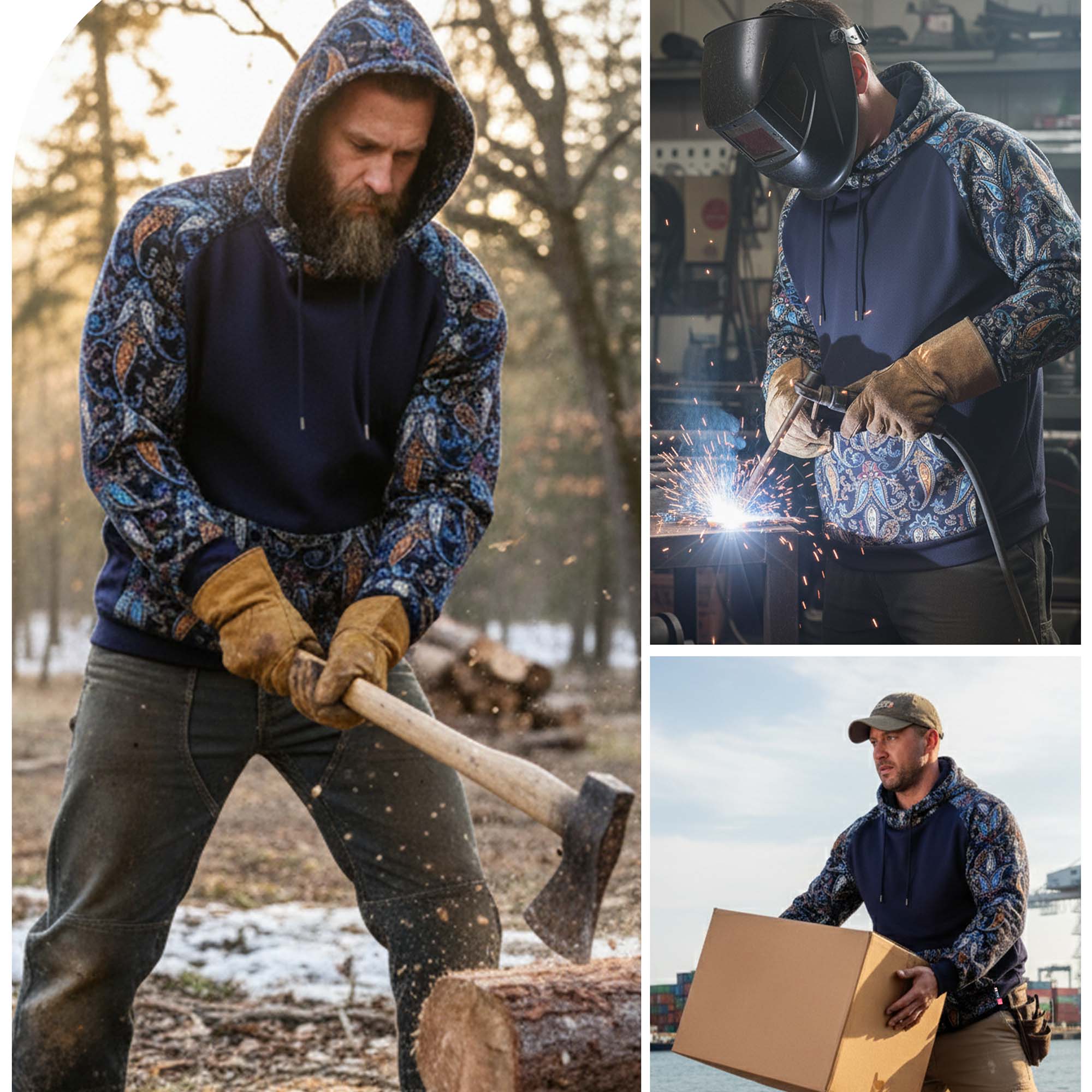 10.5oz Paisley Printed Two Tone Cotton Fleece Flame Resistant Pullover Hoodies(Final Sale)-1109P