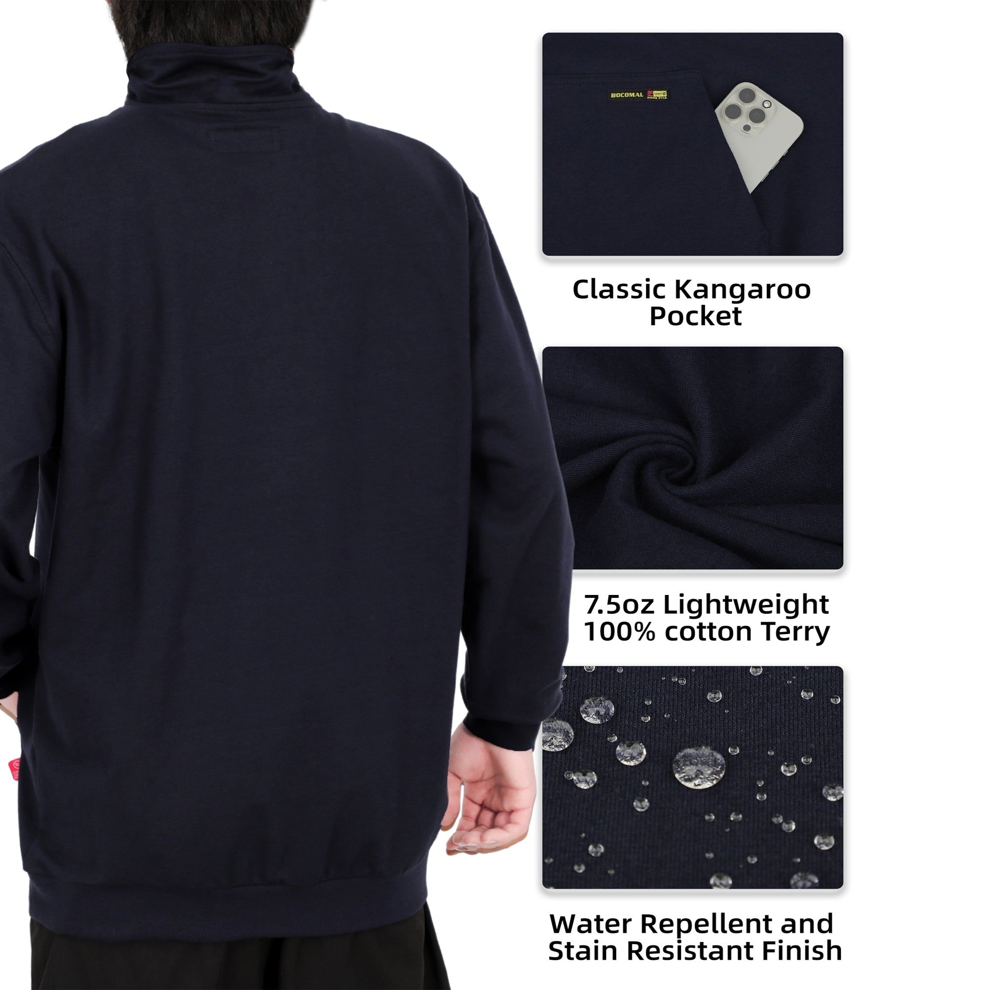 7.5oz Midweight Non-Fleece Mock Neck 1/4 Quarter Zipper Water/Stain Repellent Fire Resistant Sweater Shirts-9013