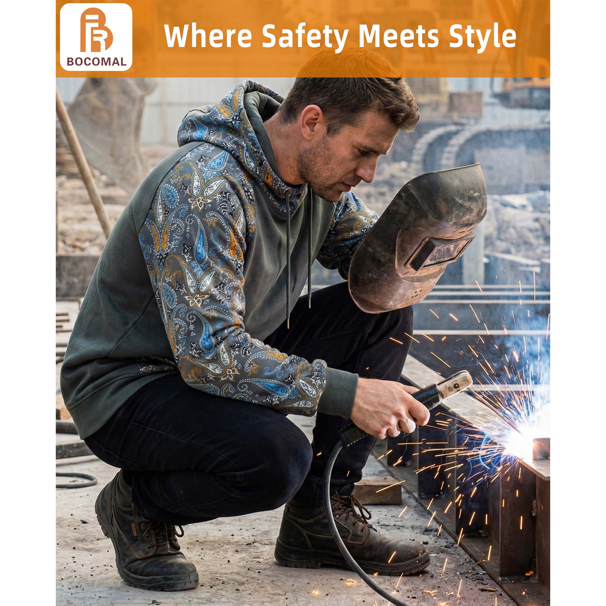 10.5oz Paisley Printed Two Tone Cotton Fleece Flame Resistant Pullover Hoodies(Final Sale)-1109P