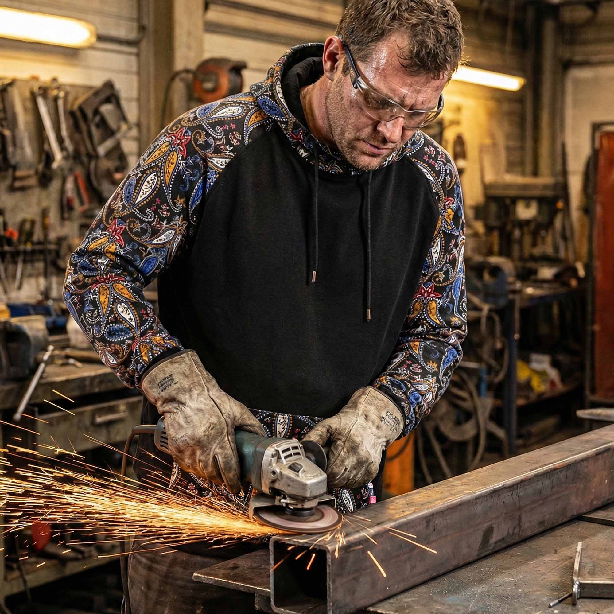 10.5oz Paisley Printed Two Tone Cotton Fleece Flame Resistant Pullover Hoodies(Final Sale)-1109P