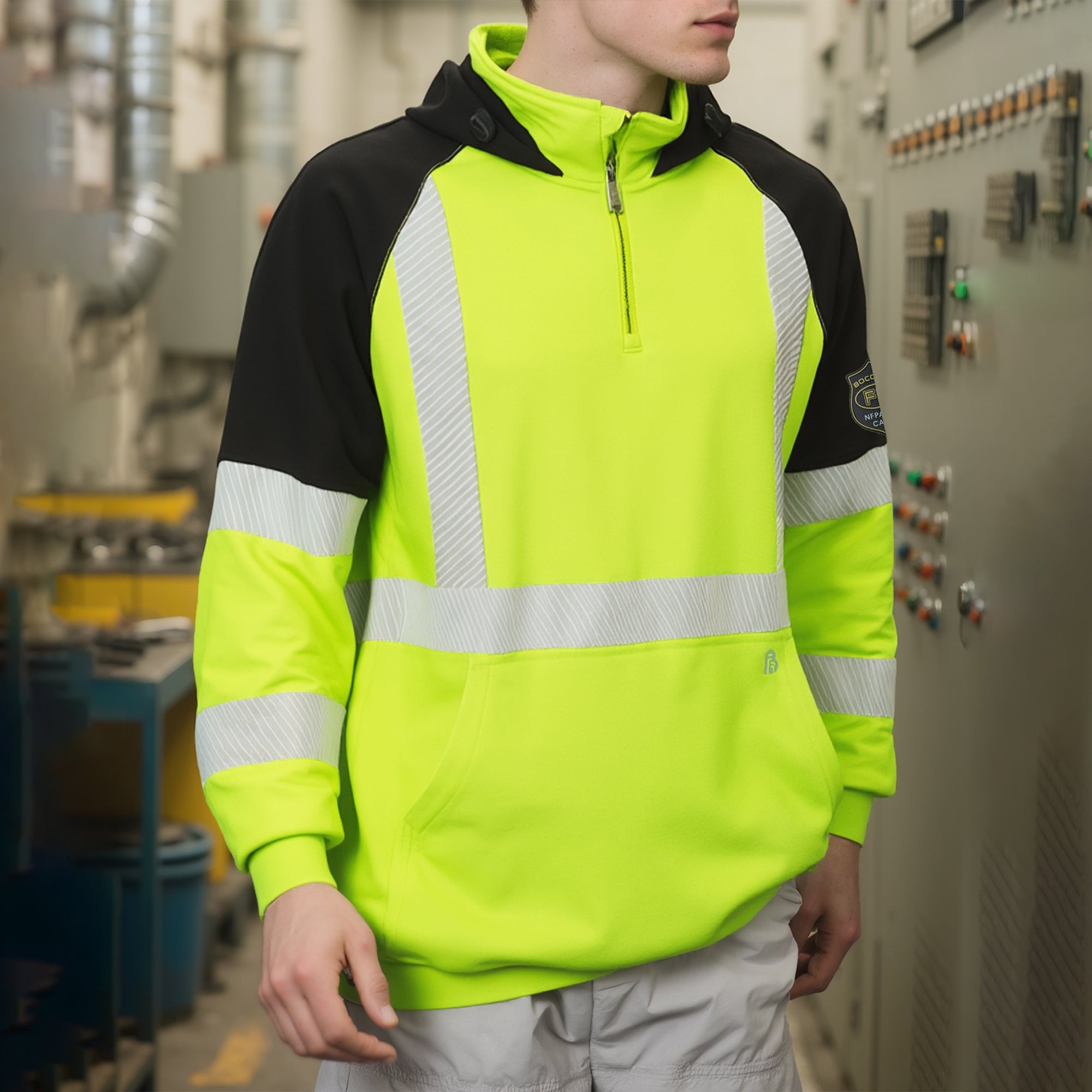 12oz Heavyweight Cotton Fleece 1/4 Zipper Mockneck Reflective FR Hi-Vis Hoodies-8931HV