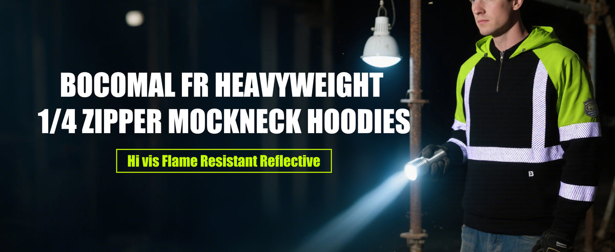 12oz Heavyweight Cotton Fleece 1/4 Zipper Mockneck Reflective FR Hi-Vis Hoodies-8931HV