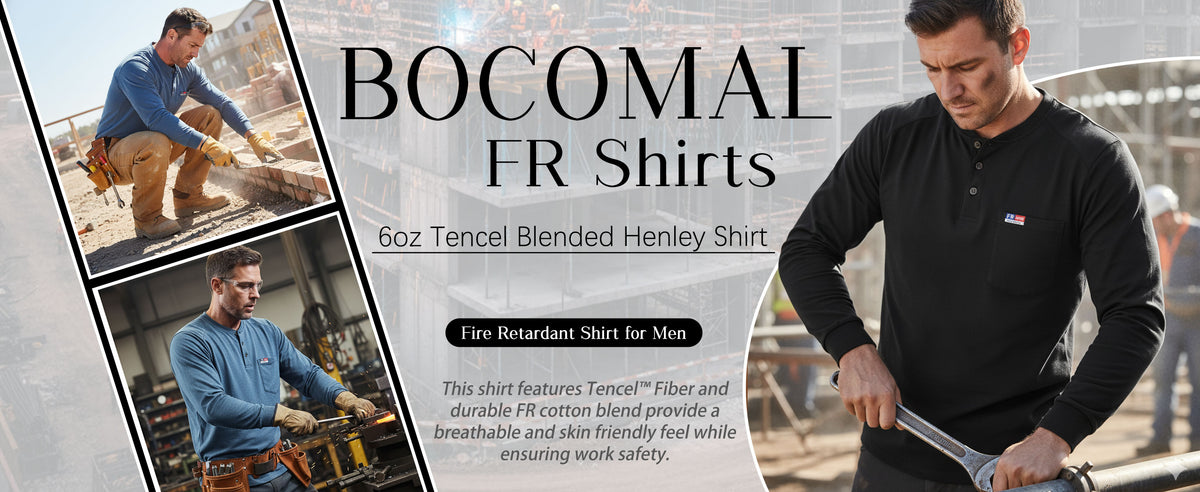 6OZ Henley Cotton Tencel Heather Blended Flame Resistant Work T-Shirt - A235