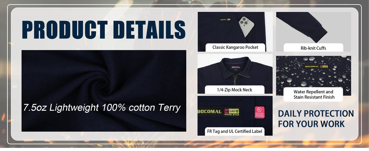 7.5oz Midweight Non-Fleece Mock Neck 1/4 Quarter Zipper Water/Stain Repellent Fire Resistant Sweater Shirts-9013
