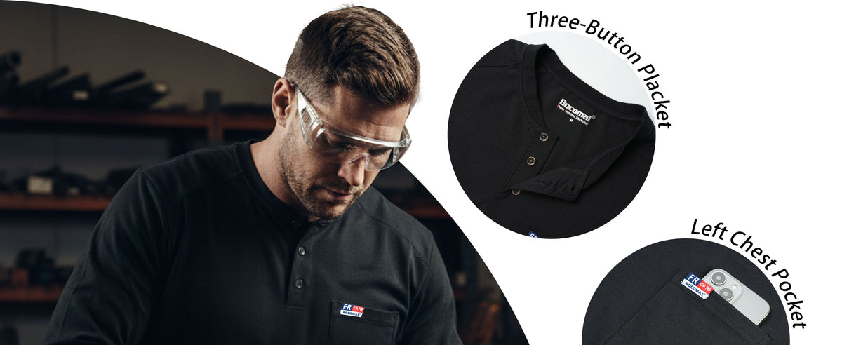 6OZ Henley Cotton Tencel Heather Blended Flame Resistant Work T-Shirt - A235