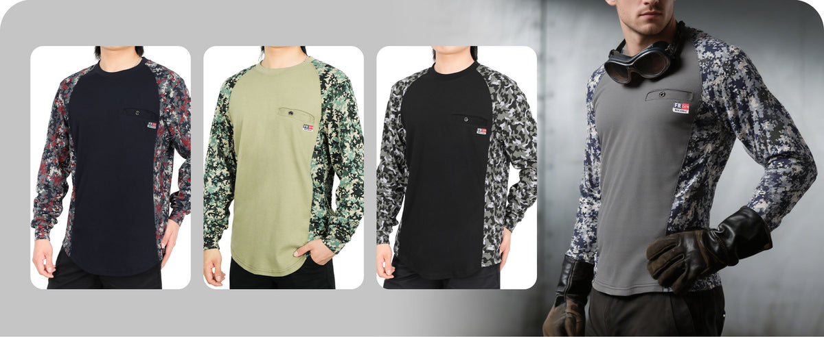 5.5oz Lightweight Crewneck Camo Two-Tone Melt Pocket FR Long Sleeve Welding T-Shirt-4408C