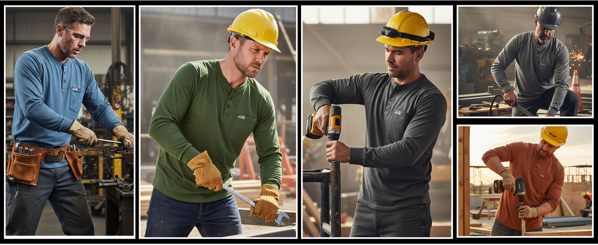 6OZ Henley Cotton Tencel Heather Blended Flame Resistant Work T-Shirt - A235